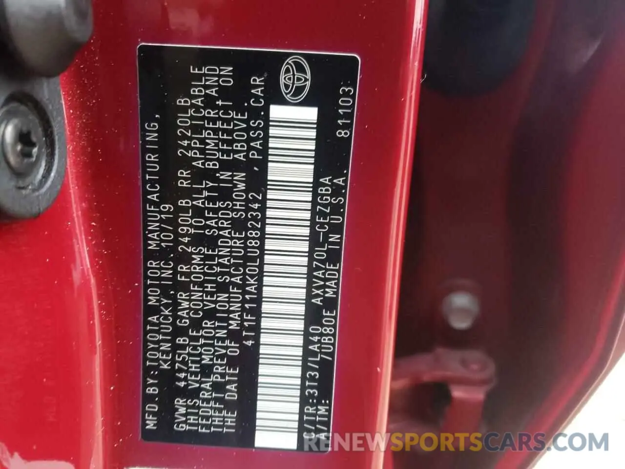 12 fotografías del automóvil dañado 4T1F11AK0LU882342 TOYOTA CAMRY 2020
