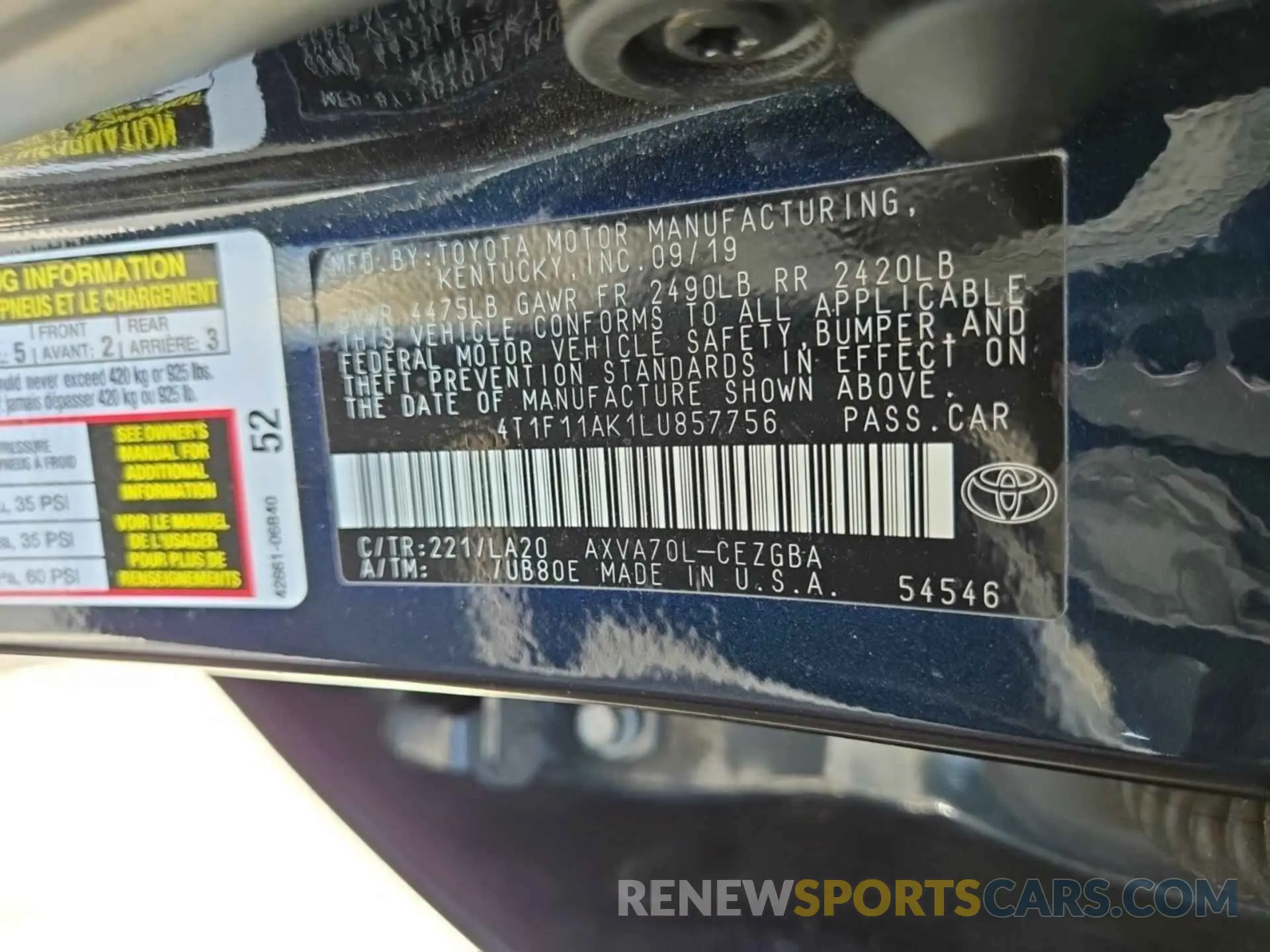 38 fotografías del automóvil dañado 4T1F11AK1LU857756 TOYOTA CAMRY 2020