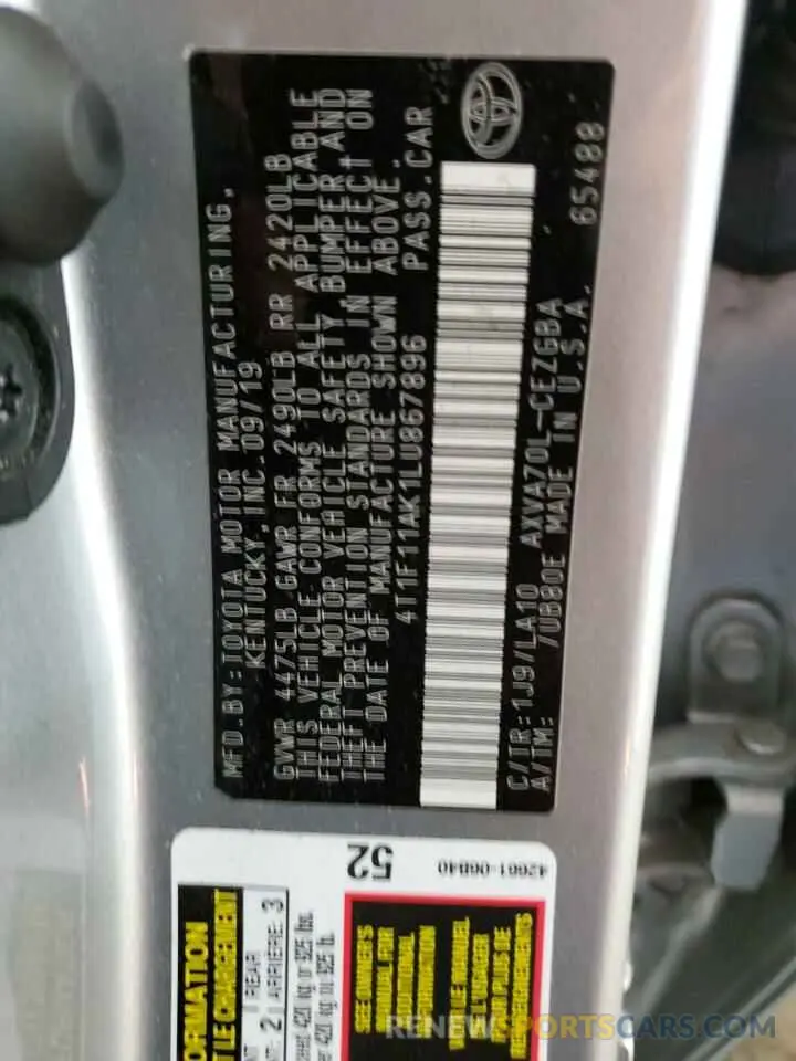 12 fotografías del automóvil dañado 4T1F11AK1LU867896 TOYOTA CAMRY 2020