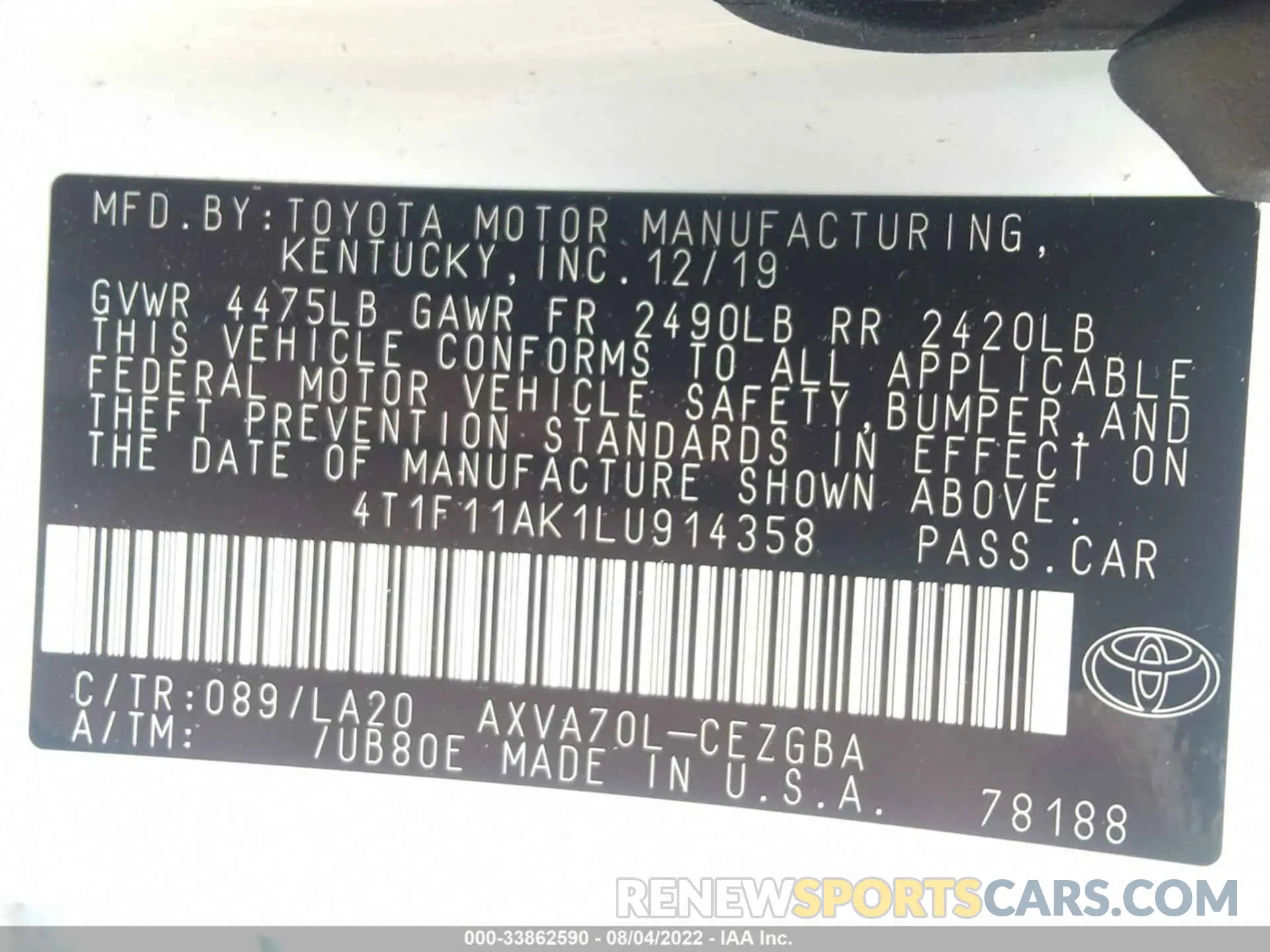 9 fotografías del automóvil dañado 4T1F11AK1LU914358 TOYOTA CAMRY 2020