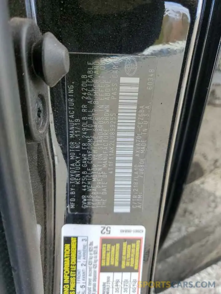 12 fotografías del automóvil dañado 4T1F11AK2LU899255 TOYOTA CAMRY 2020