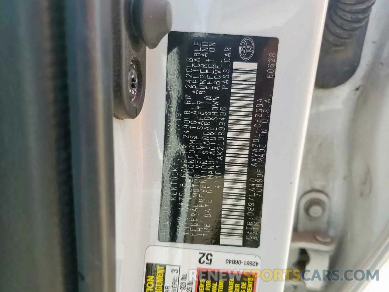 13 fotografías del automóvil dañado 4T1F11AK2LU899496 TOYOTA CAMRY 2020