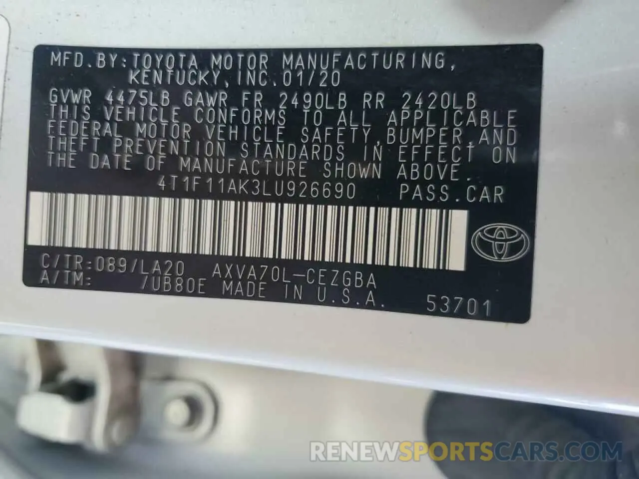 12 fotografías del automóvil dañado 4T1F11AK3LU926690 TOYOTA CAMRY 2020