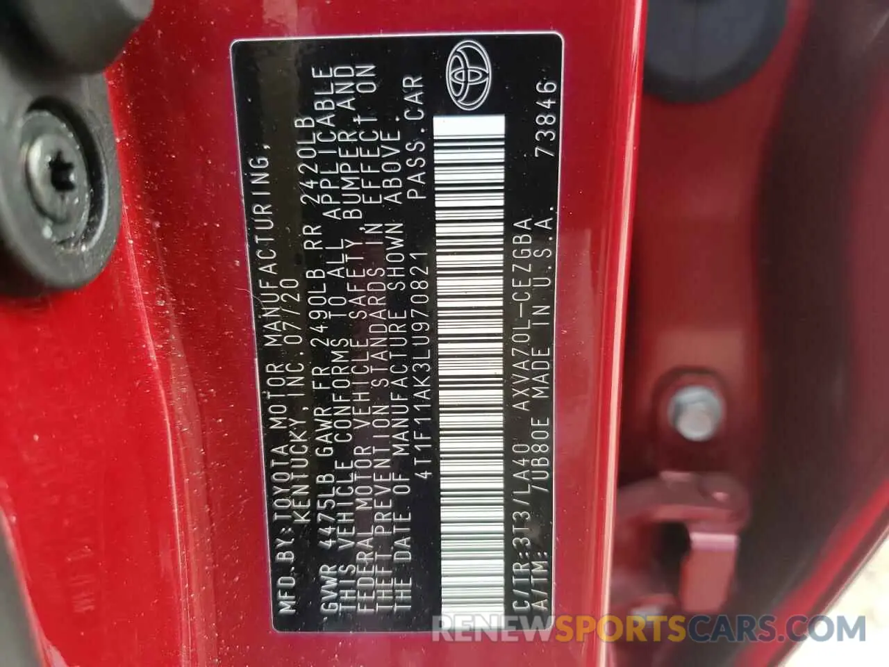 10 fotografías del automóvil dañado 4T1F11AK3LU970821 TOYOTA CAMRY 2020
