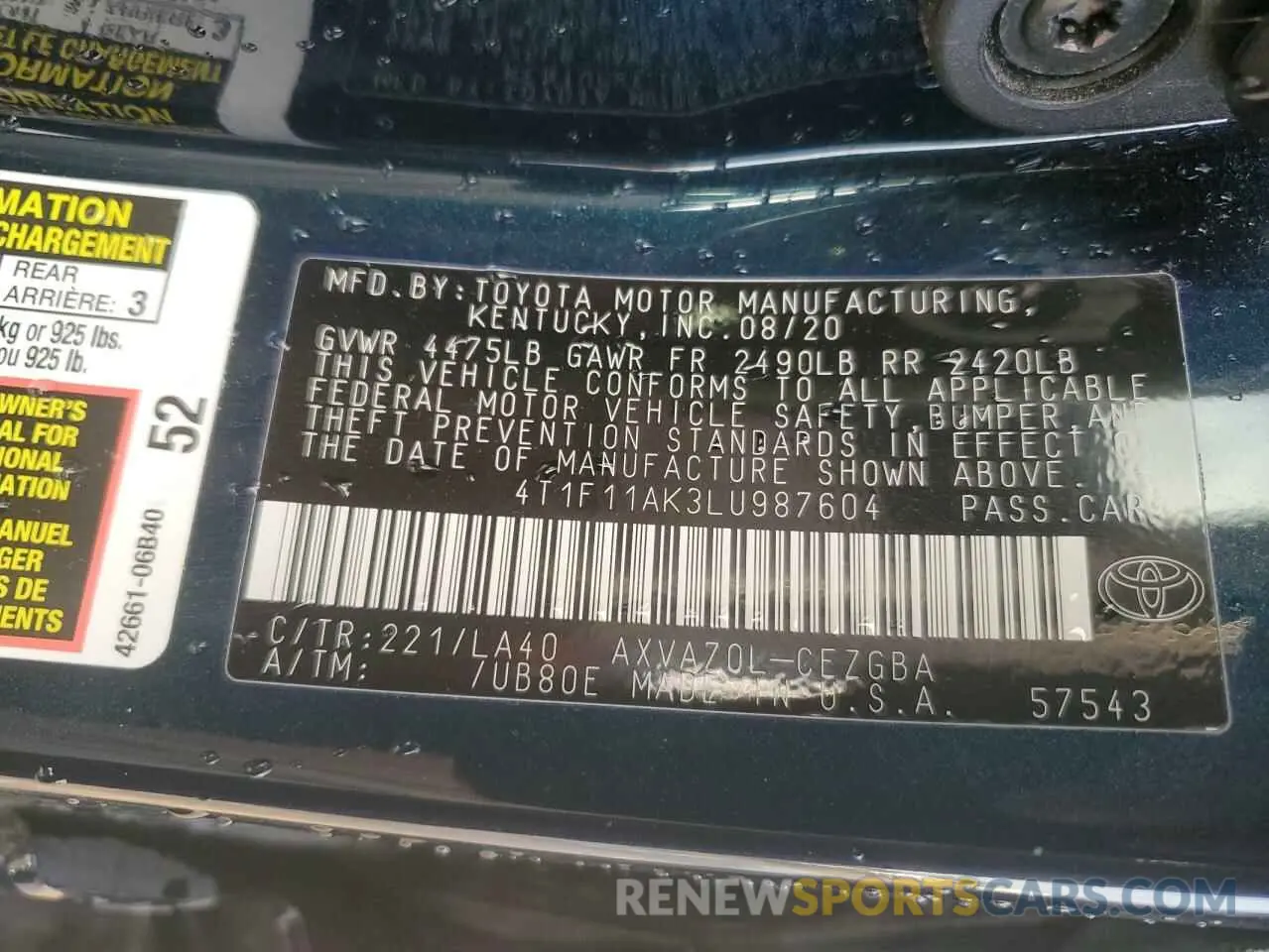 12 fotografías del automóvil dañado 4T1F11AK3LU987604 TOYOTA CAMRY 2020