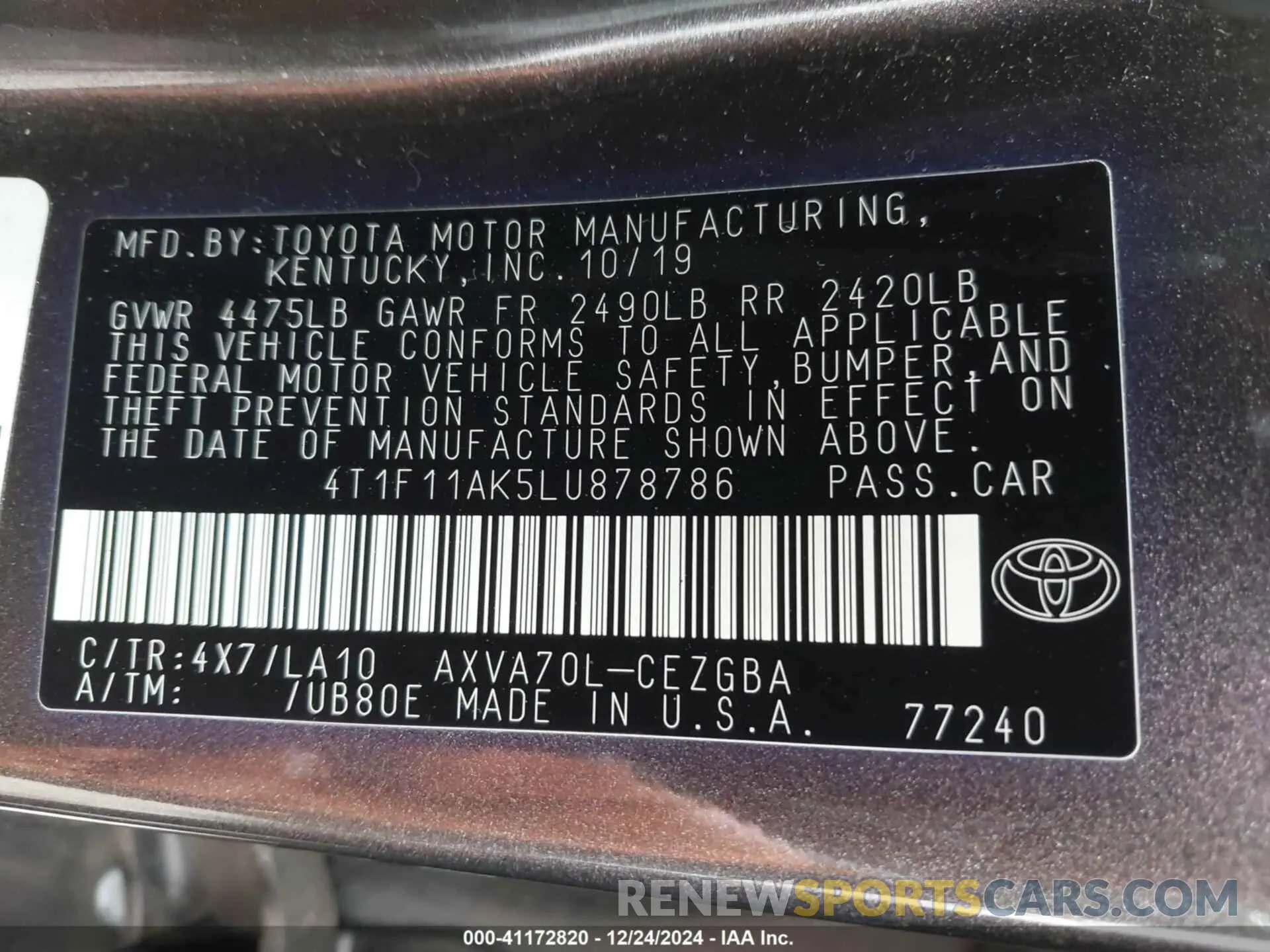 9 fotografías del automóvil dañado 4T1F11AK5LU878786 TOYOTA CAMRY 2020