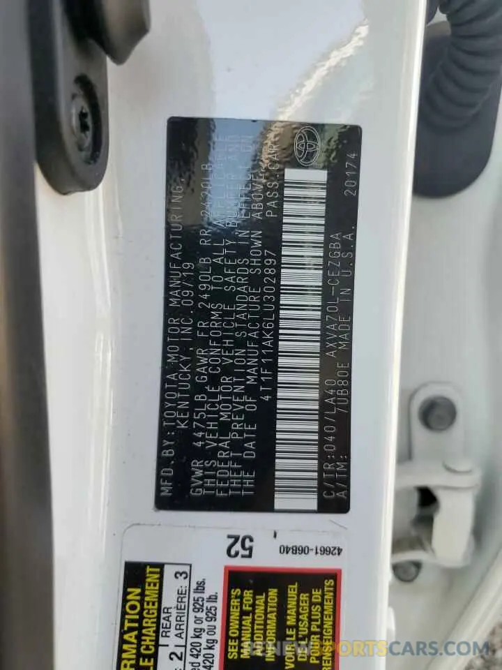 12 fotografías del automóvil dañado 4T1F11AK6LU302897 TOYOTA CAMRY 2020