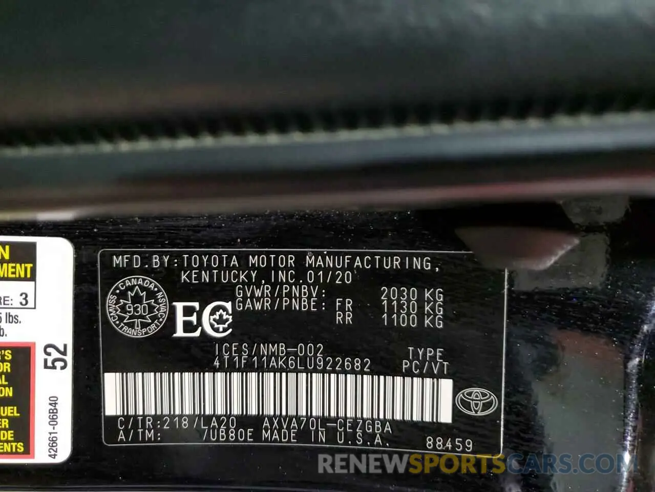12 fotografías del automóvil dañado 4T1F11AK6LU922682 TOYOTA CAMRY 2020