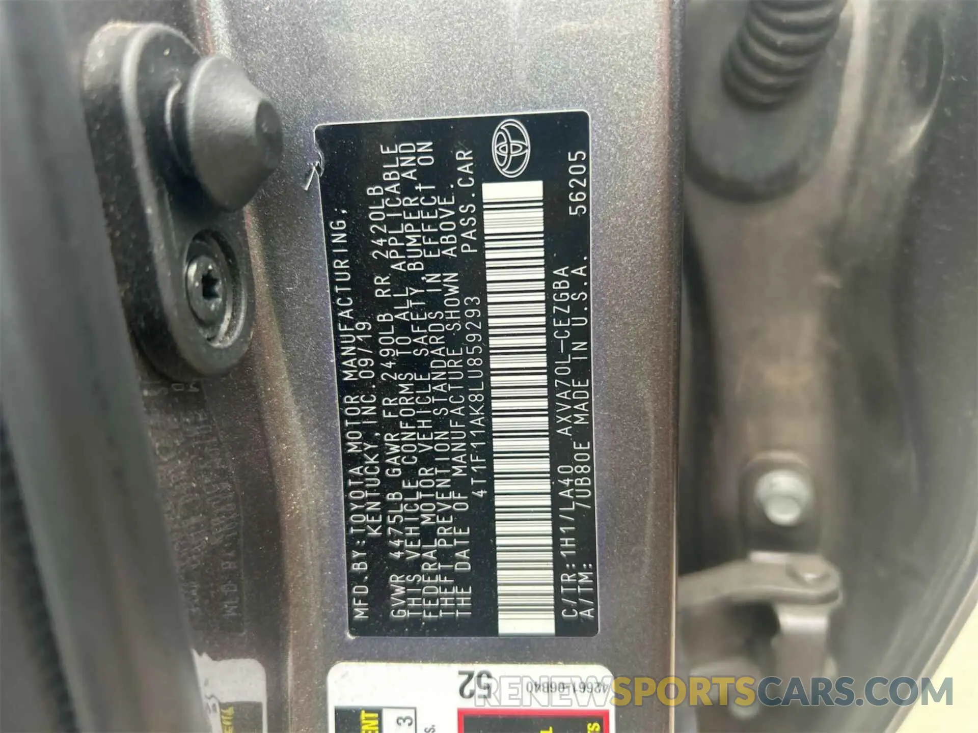 10 fotografías del automóvil dañado 4T1F11AK8LU859293 TOYOTA CAMRY 2020