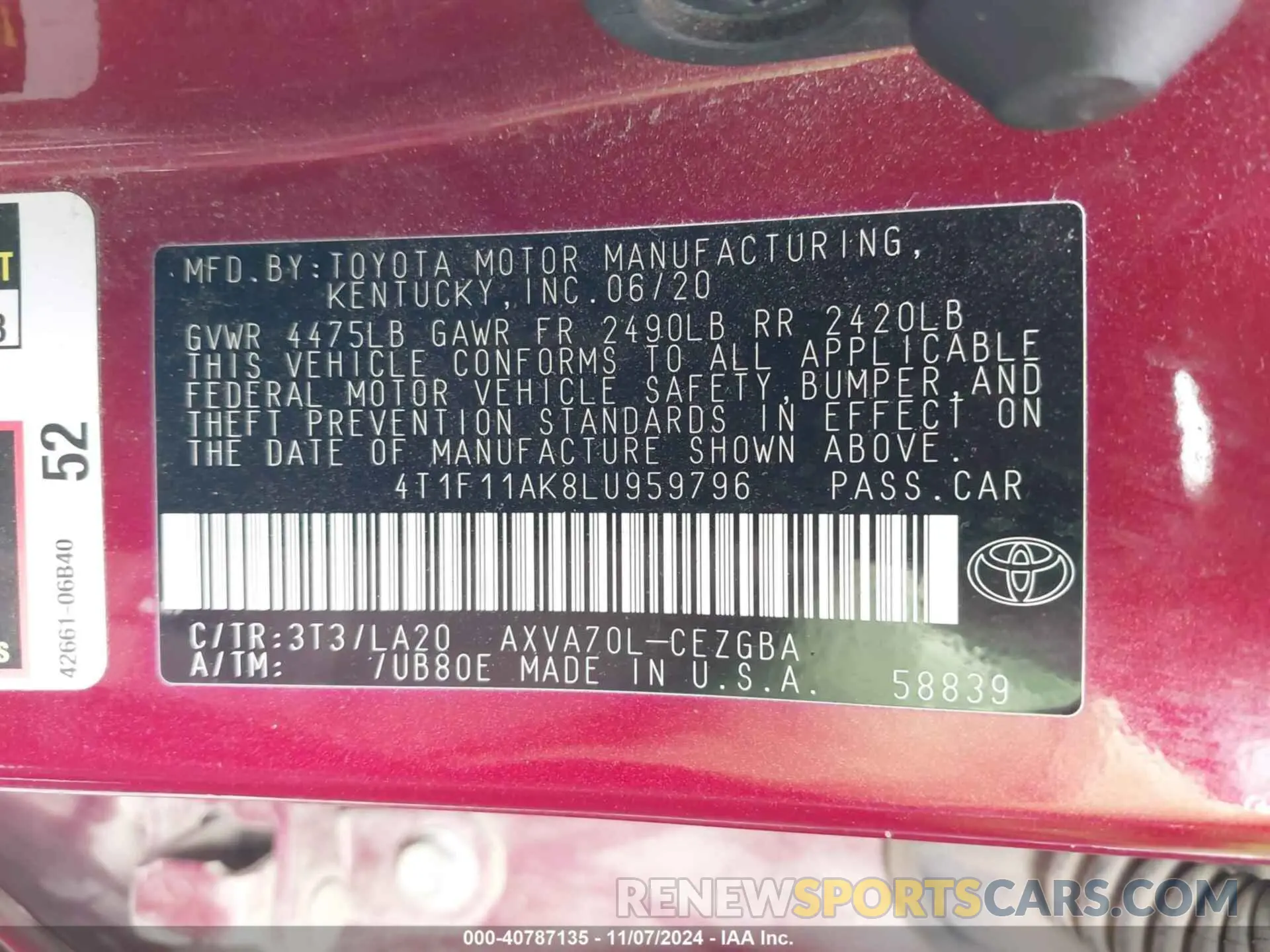 9 fotografías del automóvil dañado 4T1F11AK8LU959796 TOYOTA CAMRY 2020