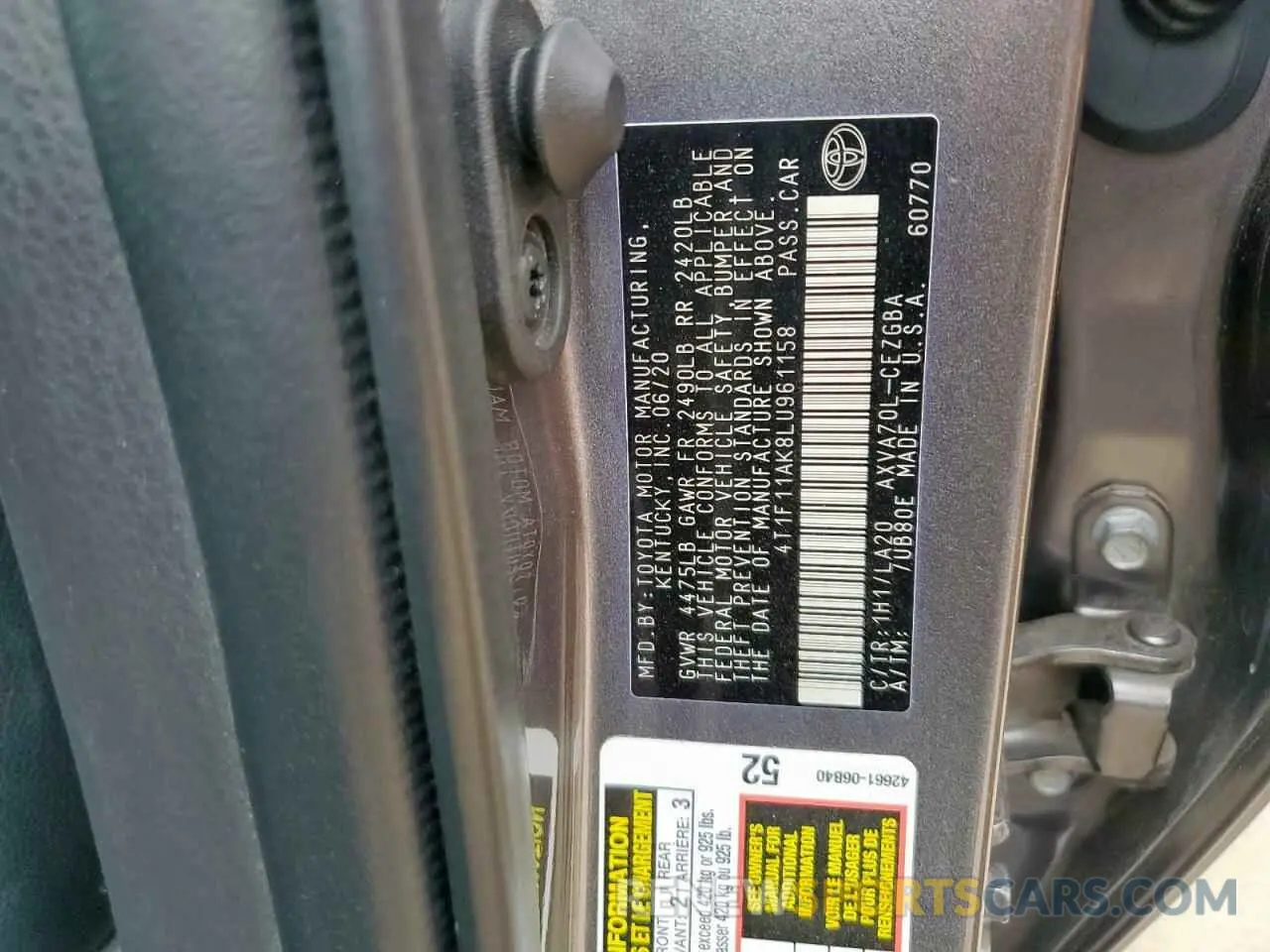 12 fotografías del automóvil dañado 4T1F11AK8LU961158 TOYOTA CAMRY 2020