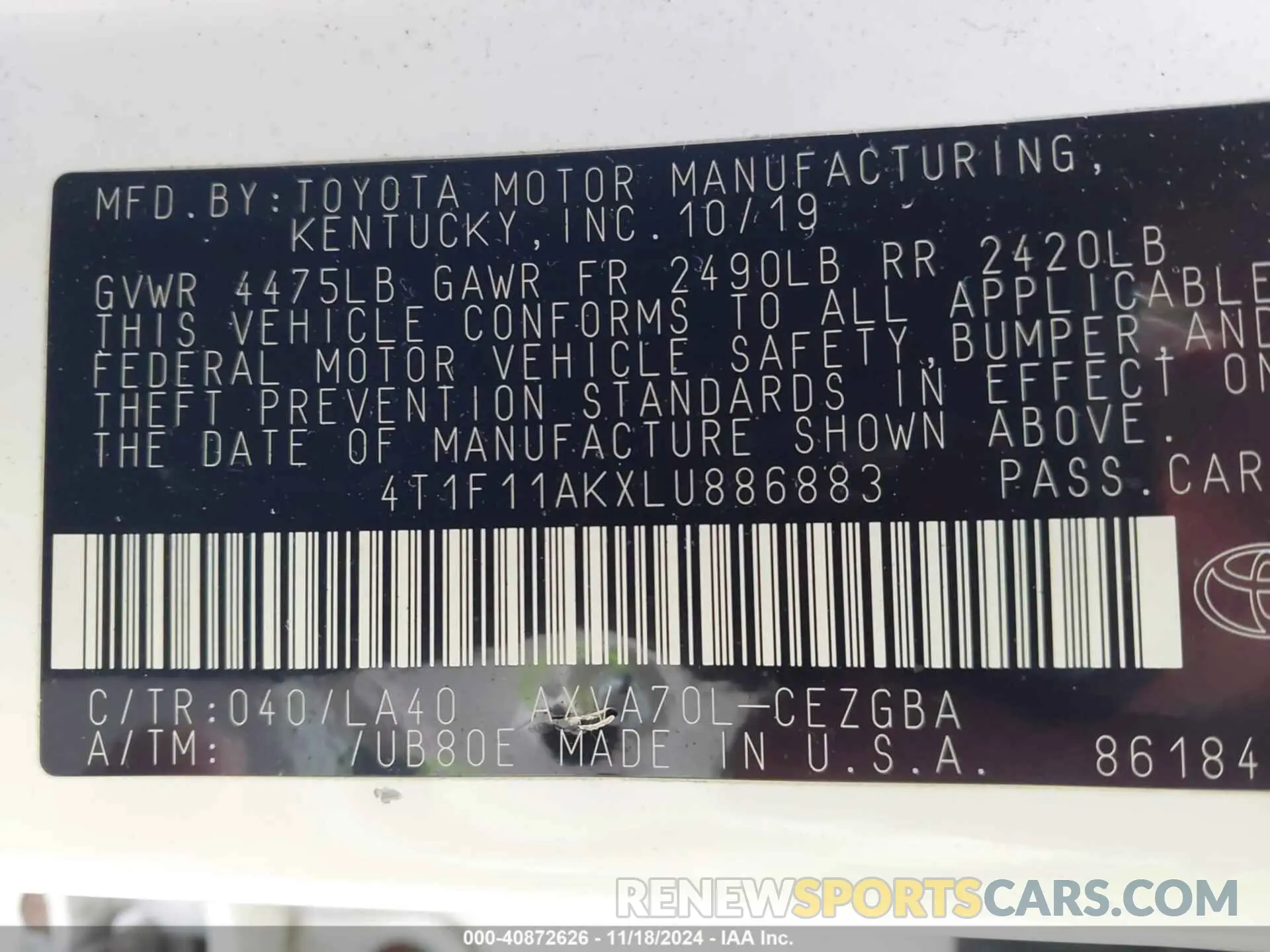 9 fotografías del automóvil dañado 4T1F11AKXLU886883 TOYOTA CAMRY 2020