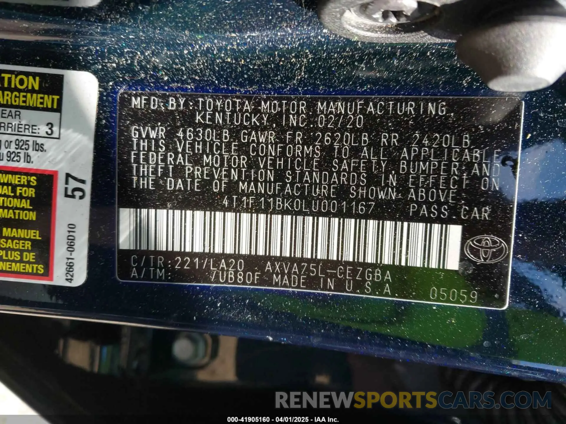 9 fotografías del automóvil dañado 4T1F11BK0LU001167 TOYOTA CAMRY 2020