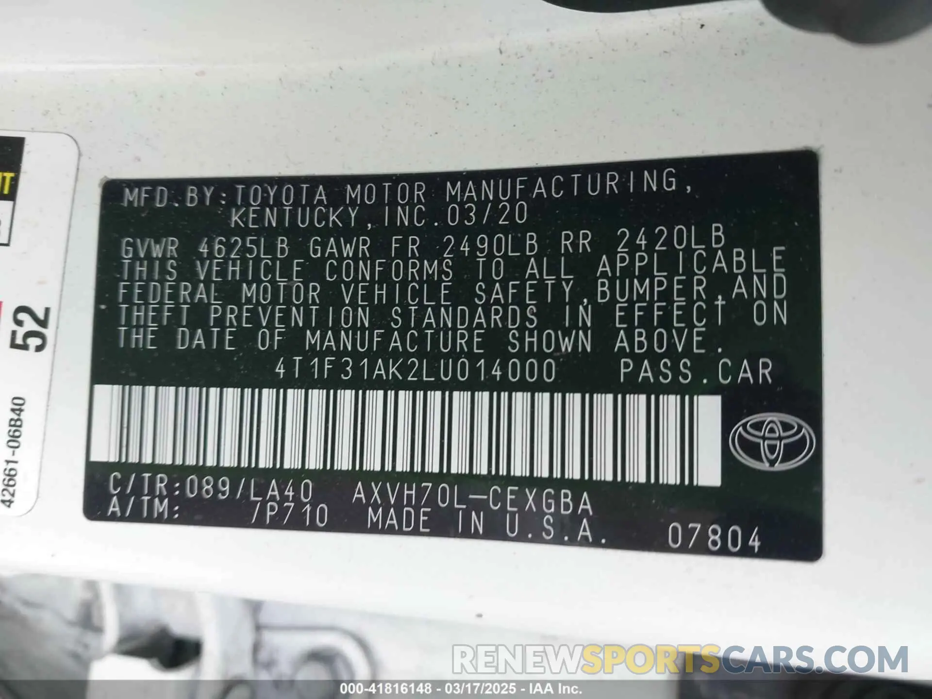 9 fotografías del automóvil dañado 4T1F31AK2LU014000 TOYOTA CAMRY 2020