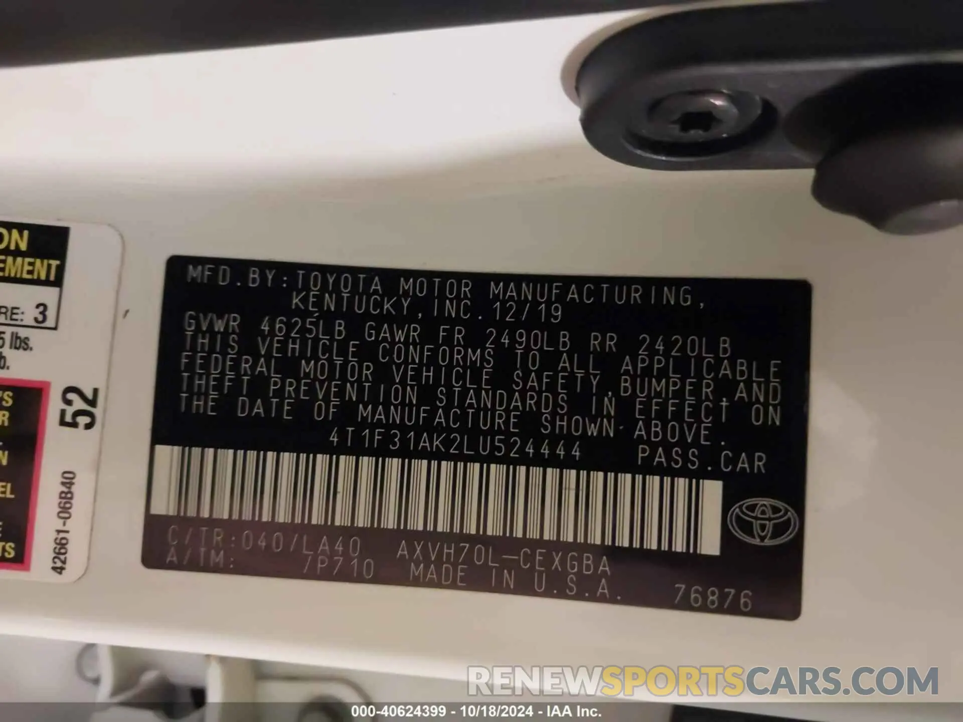 9 fotografías del automóvil dañado 4T1F31AK2LU524444 TOYOTA CAMRY 2020