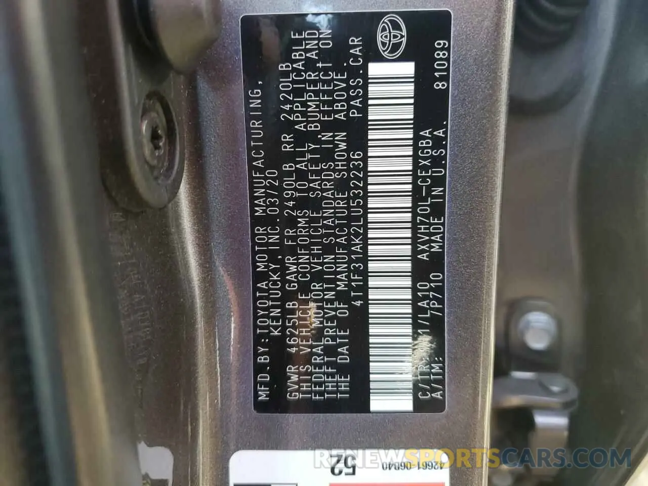13 fotografías del automóvil dañado 4T1F31AK2LU532236 TOYOTA CAMRY 2020
