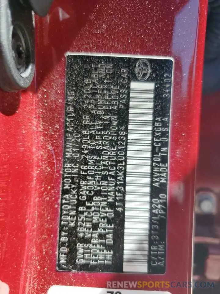 12 fotografías del automóvil dañado 4T1F31AK3LU012384 TOYOTA CAMRY 2020