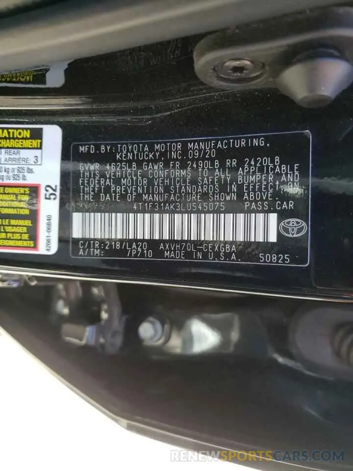 10 fotografías del automóvil dañado 4T1F31AK3LU545075 TOYOTA CAMRY 2020
