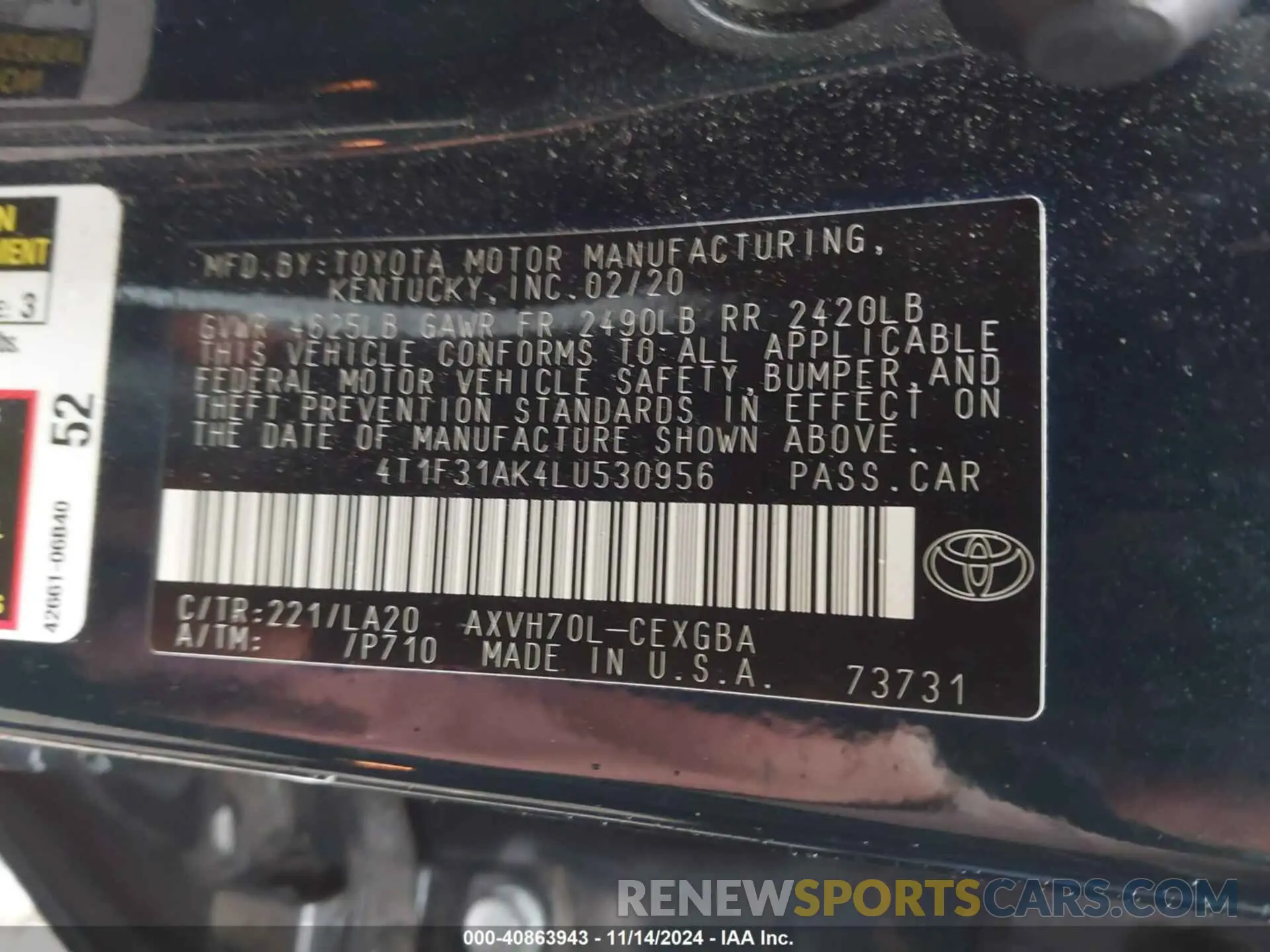 9 fotografías del automóvil dañado 4T1F31AK4LU530956 TOYOTA CAMRY 2020
