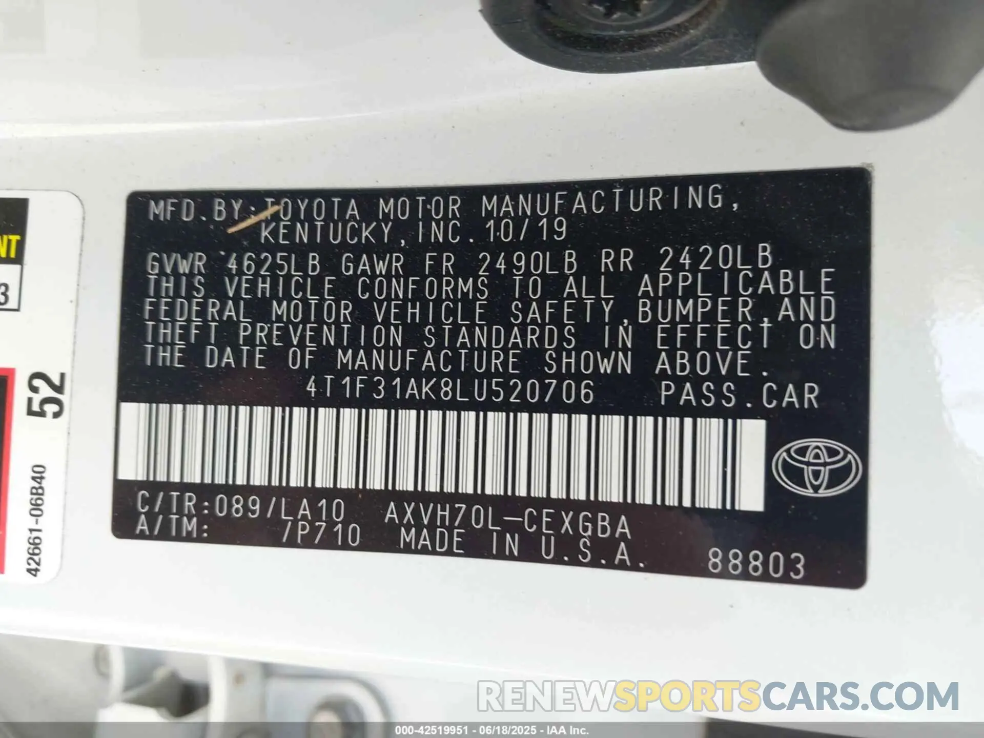 9 fotografías del automóvil dañado 4T1F31AK8LU520706 TOYOTA CAMRY 2020