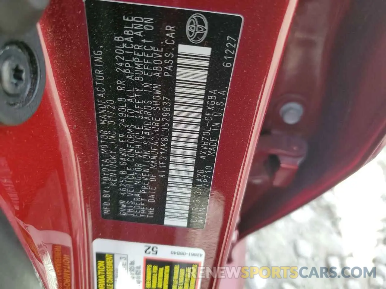 12 fotografías del automóvil dañado 4T1F31AK8LU528837 TOYOTA CAMRY 2020