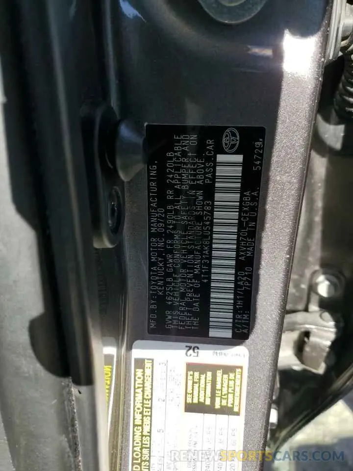 12 fotografías del automóvil dañado 4T1F31AK8LU545783 TOYOTA CAMRY 2020