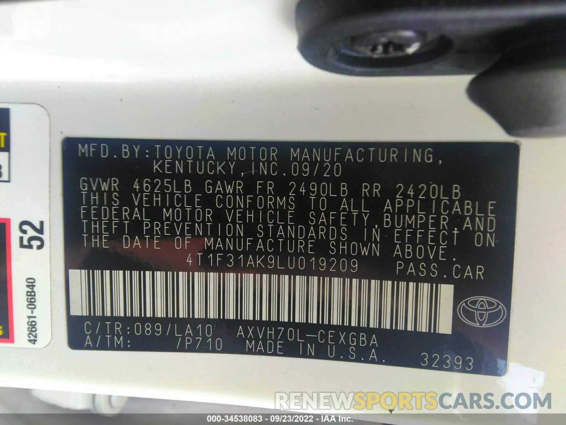 9 fotografías del automóvil dañado 4T1F31AK9LU019209 TOYOTA CAMRY 2020