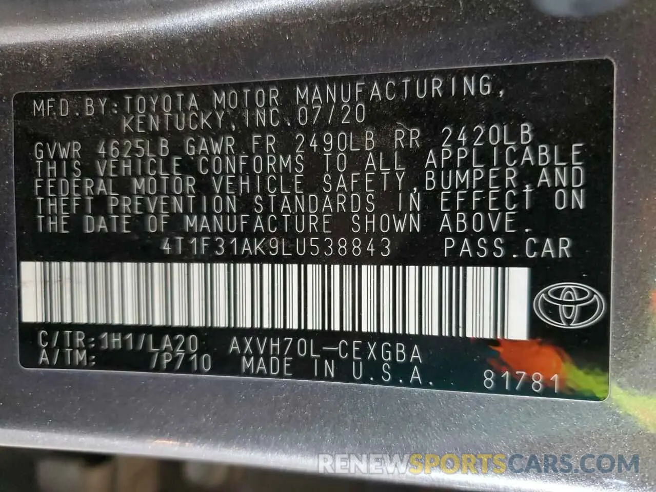 12 fotografías del automóvil dañado 4T1F31AK9LU538843 TOYOTA CAMRY 2020