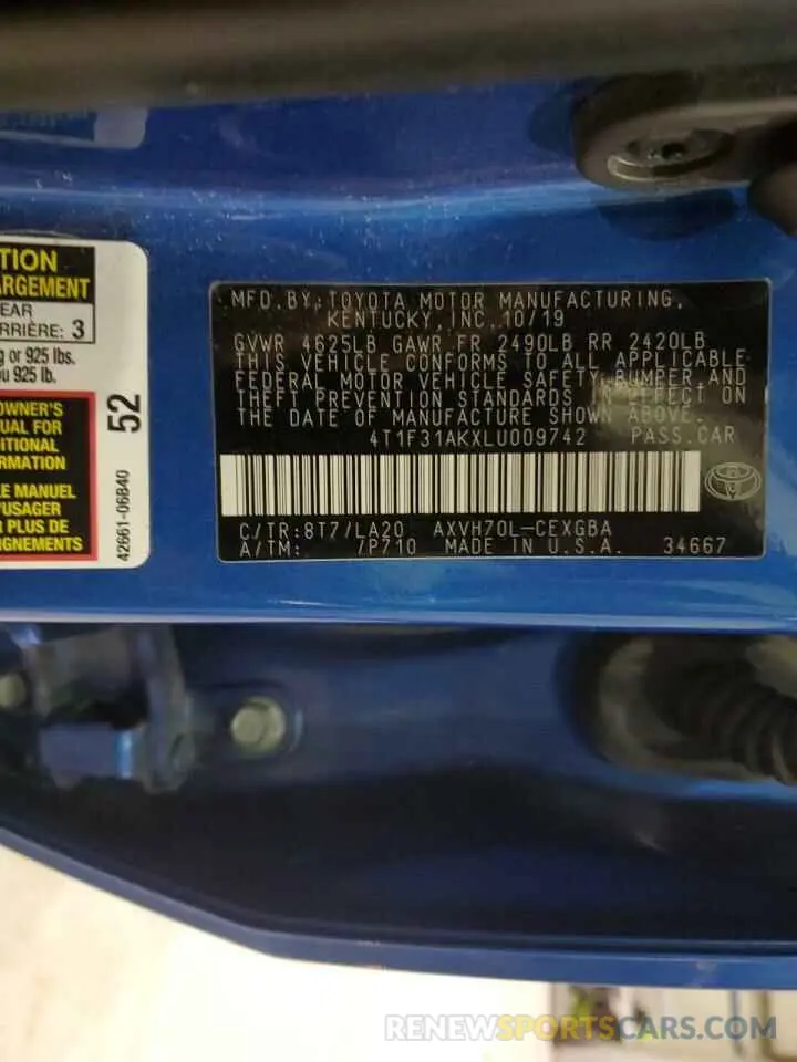 13 fotografías del automóvil dañado 4T1F31AKXLU009742 TOYOTA CAMRY 2020