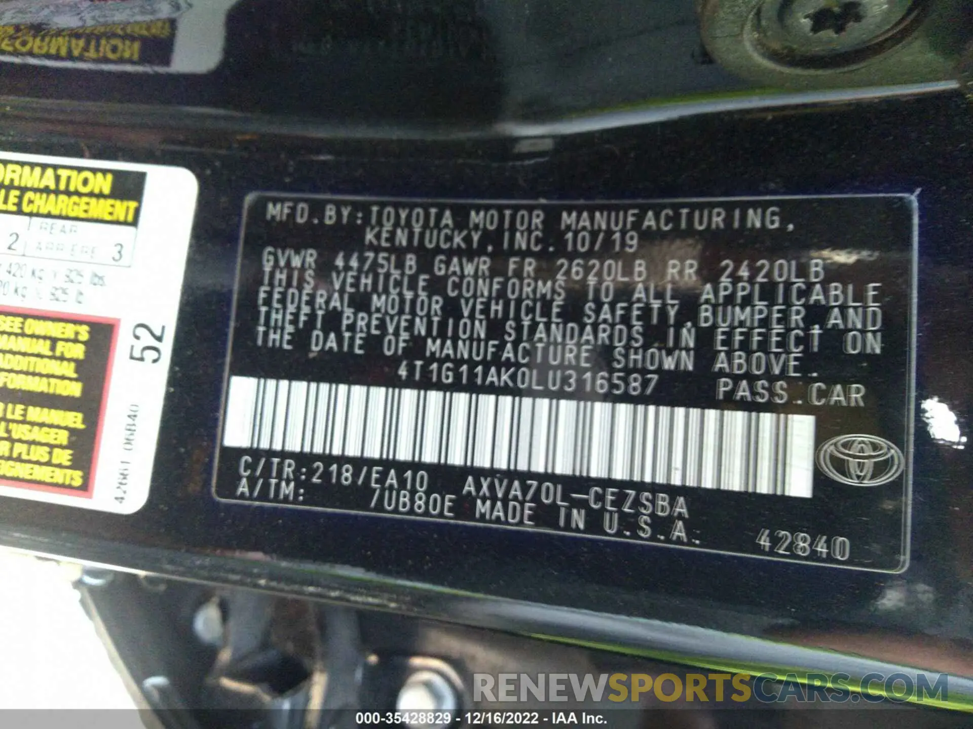 9 fotografías del automóvil dañado 4T1G11AK0LU316587 TOYOTA CAMRY 2020