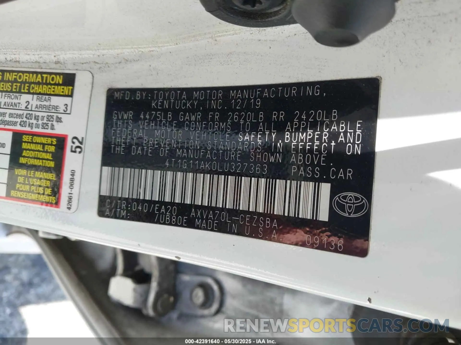 9 fotografías del automóvil dañado 4T1G11AK0LU327363 TOYOTA CAMRY 2020