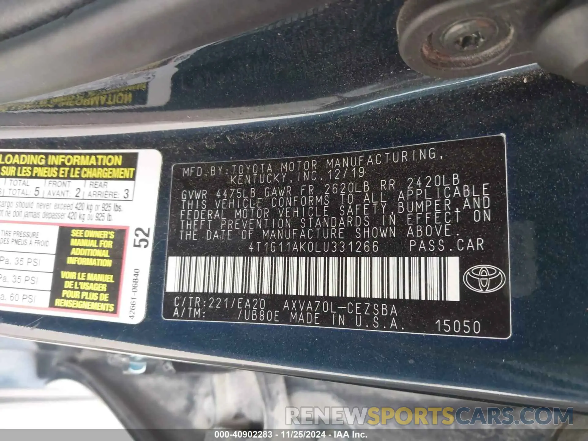 9 fotografías del automóvil dañado 4T1G11AK0LU331266 TOYOTA CAMRY 2020