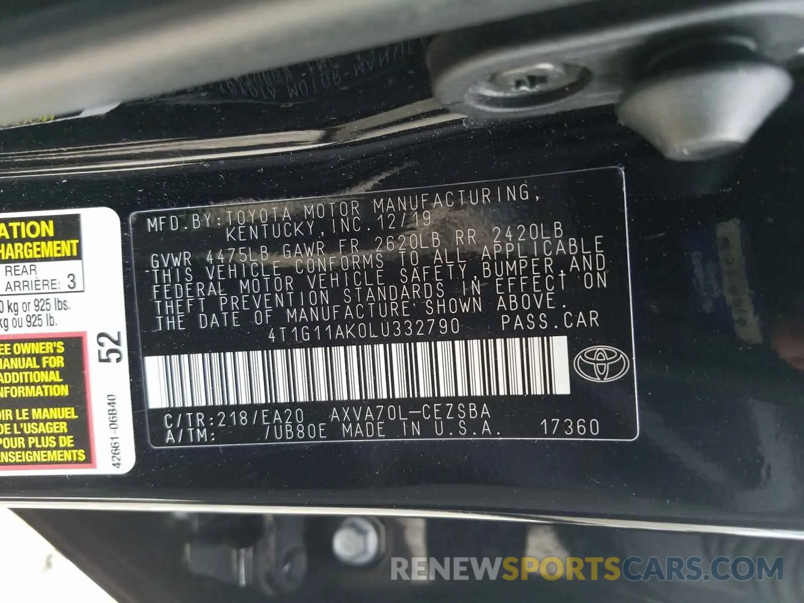 10 fotografías del automóvil dañado 4T1G11AK0LU332790 TOYOTA CAMRY 2020