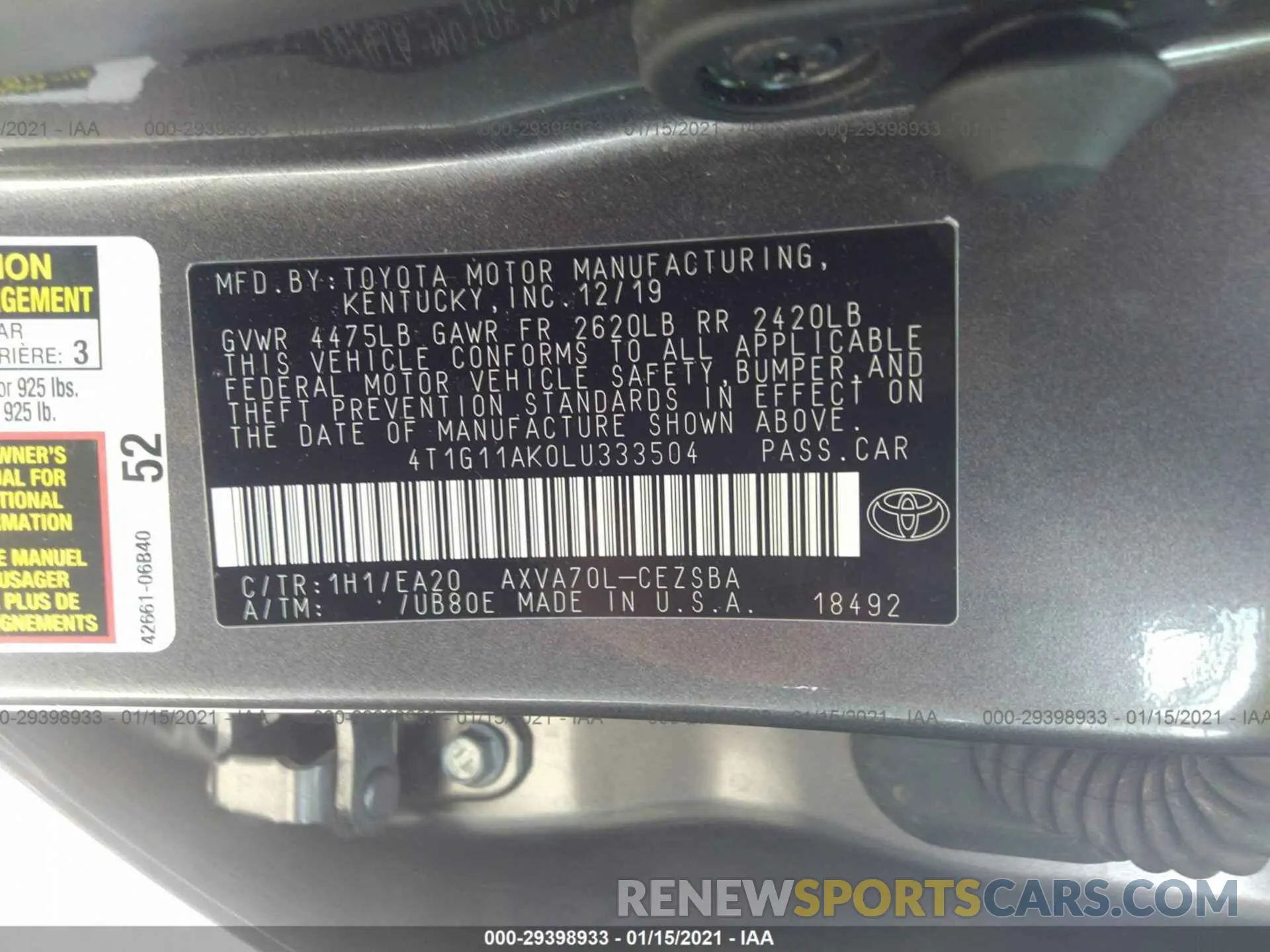 9 fotografías del automóvil dañado 4T1G11AK0LU333504 TOYOTA CAMRY 2020
