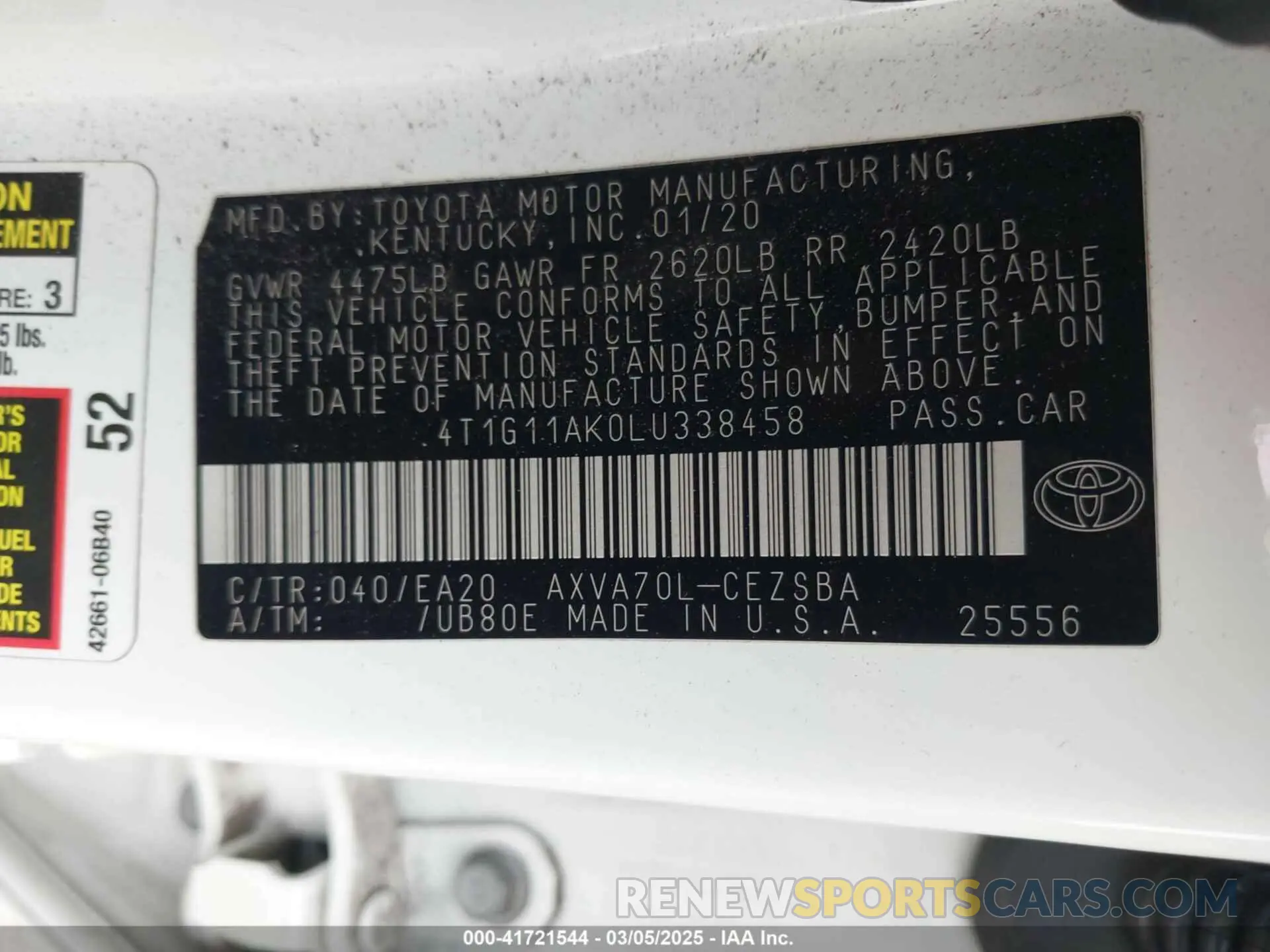 9 fotografías del automóvil dañado 4T1G11AK0LU338458 TOYOTA CAMRY 2020