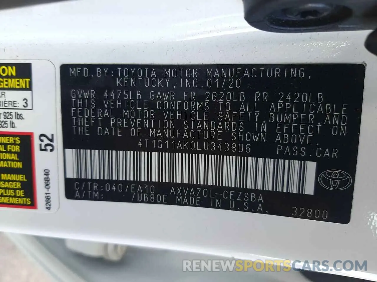 10 fotografías del automóvil dañado 4T1G11AK0LU343806 TOYOTA CAMRY 2020