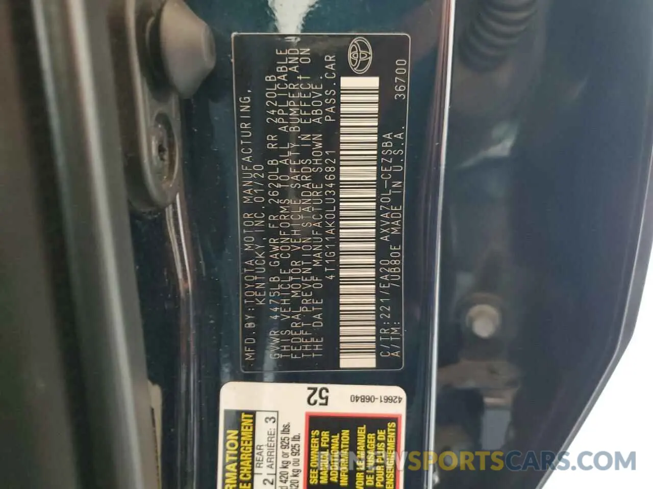 12 fotografías del automóvil dañado 4T1G11AK0LU346821 TOYOTA CAMRY 2020