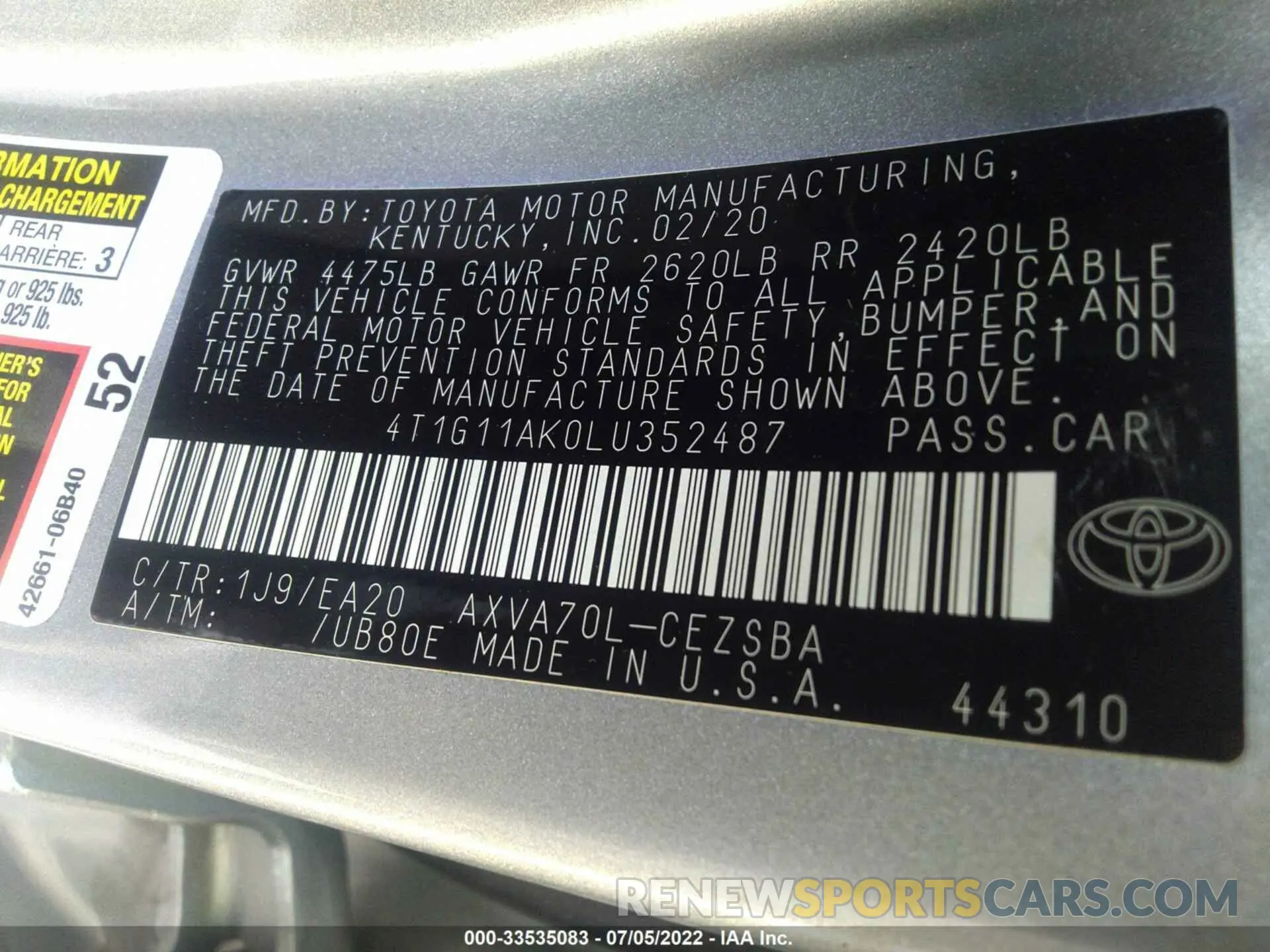9 fotografías del automóvil dañado 4T1G11AK0LU352487 TOYOTA CAMRY 2020