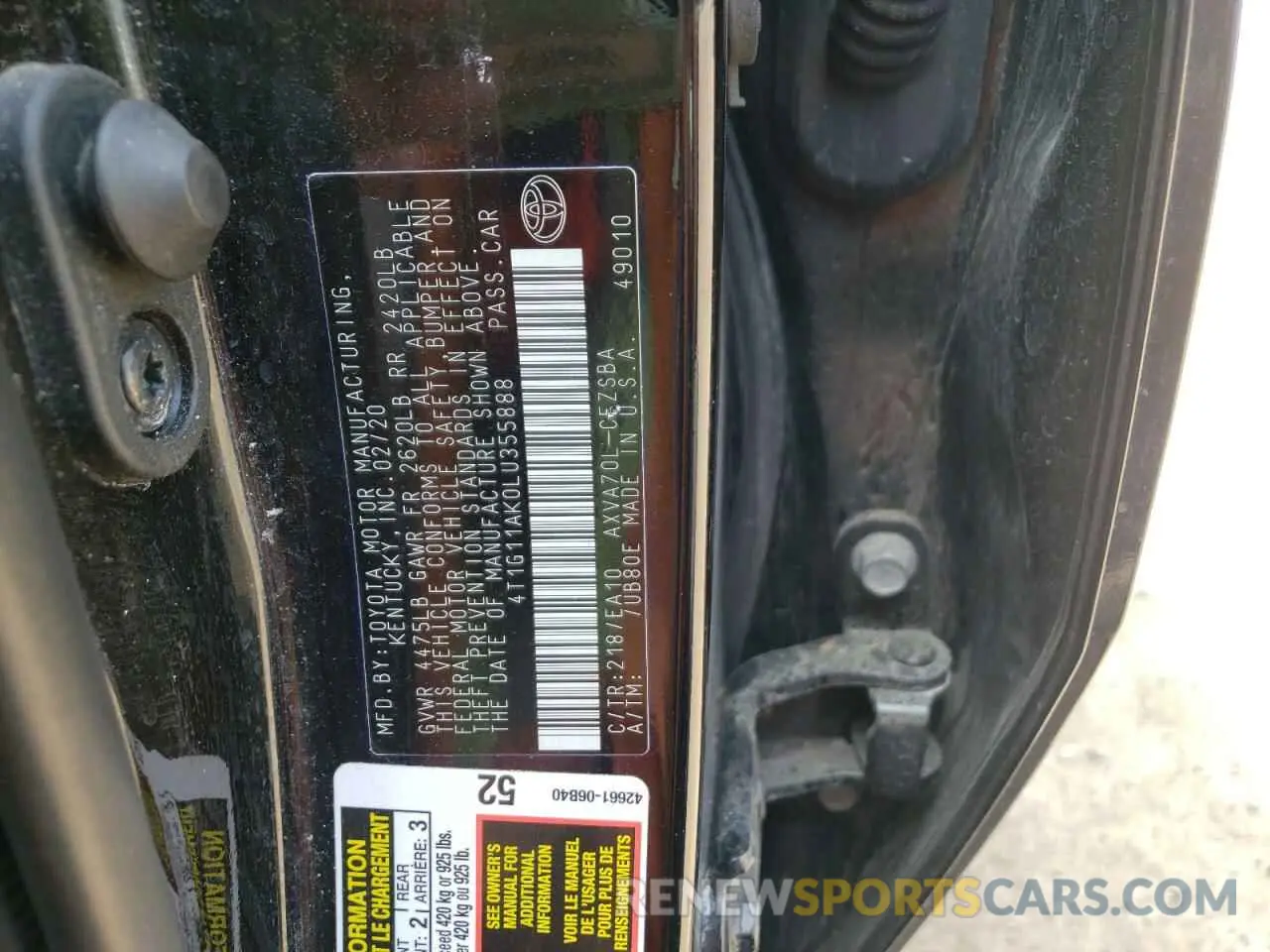 10 fotografías del automóvil dañado 4T1G11AK0LU355888 TOYOTA CAMRY 2020