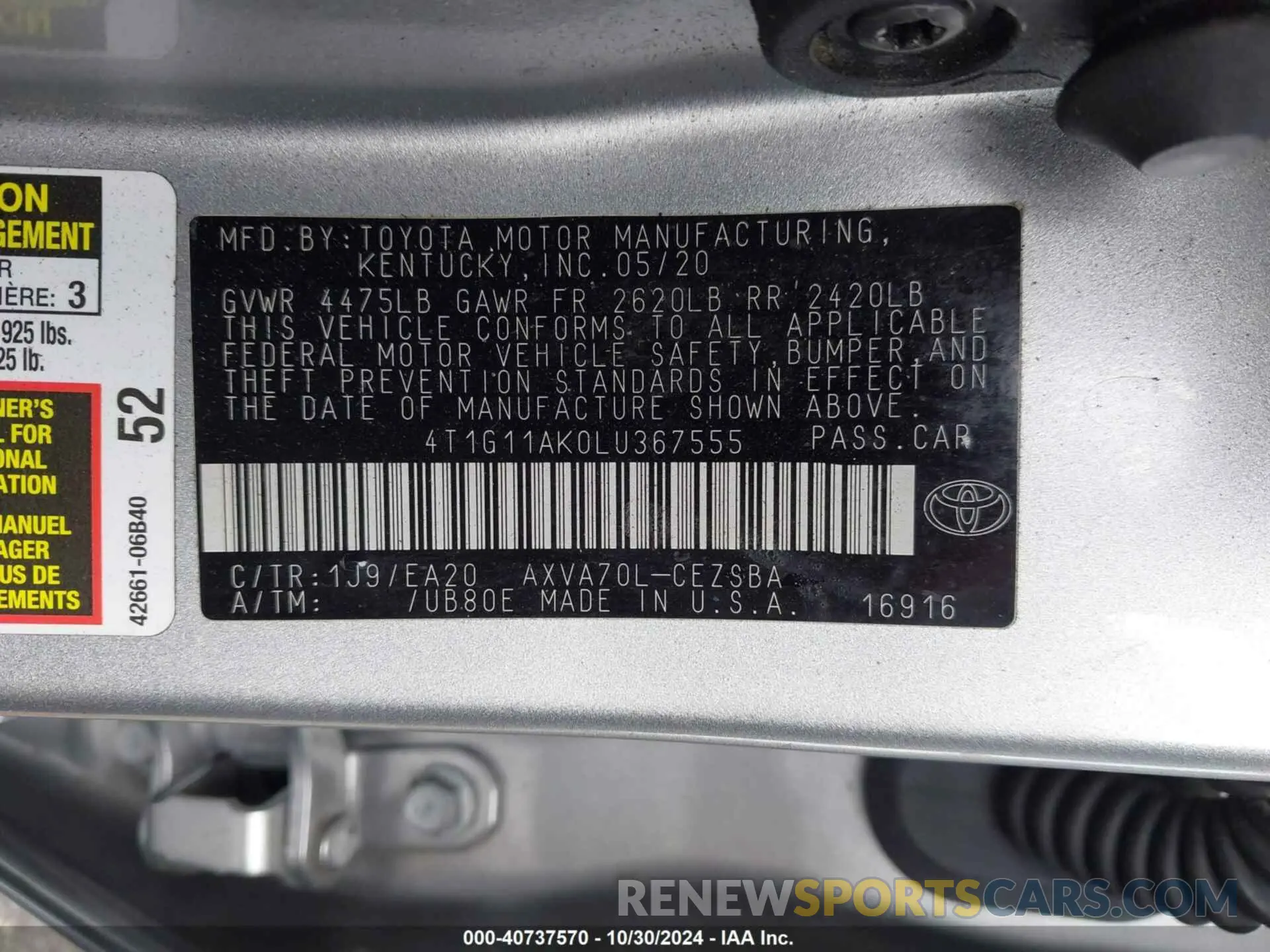 9 fotografías del automóvil dañado 4T1G11AK0LU367555 TOYOTA CAMRY 2020