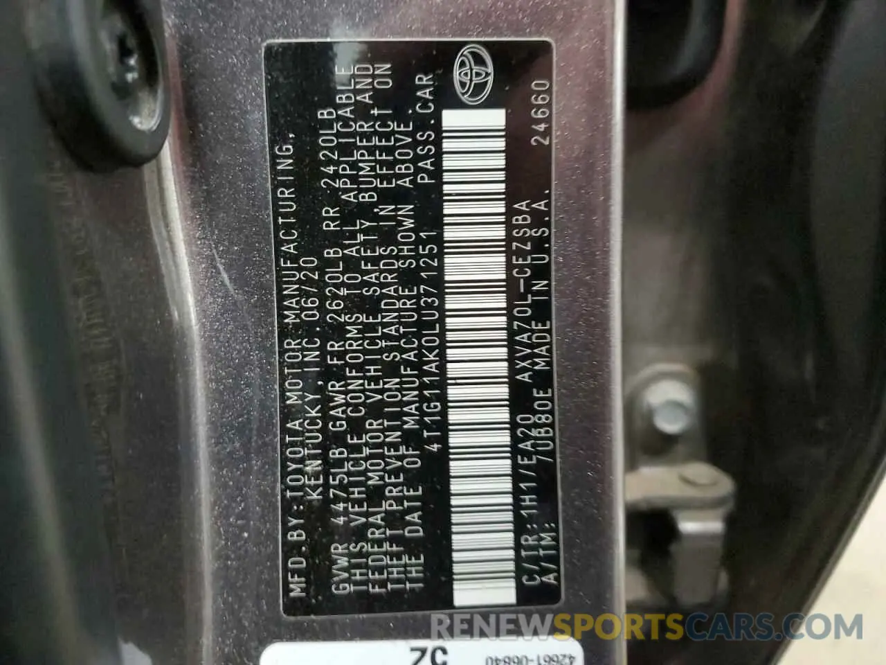 13 fotografías del automóvil dañado 4T1G11AK0LU371251 TOYOTA CAMRY 2020