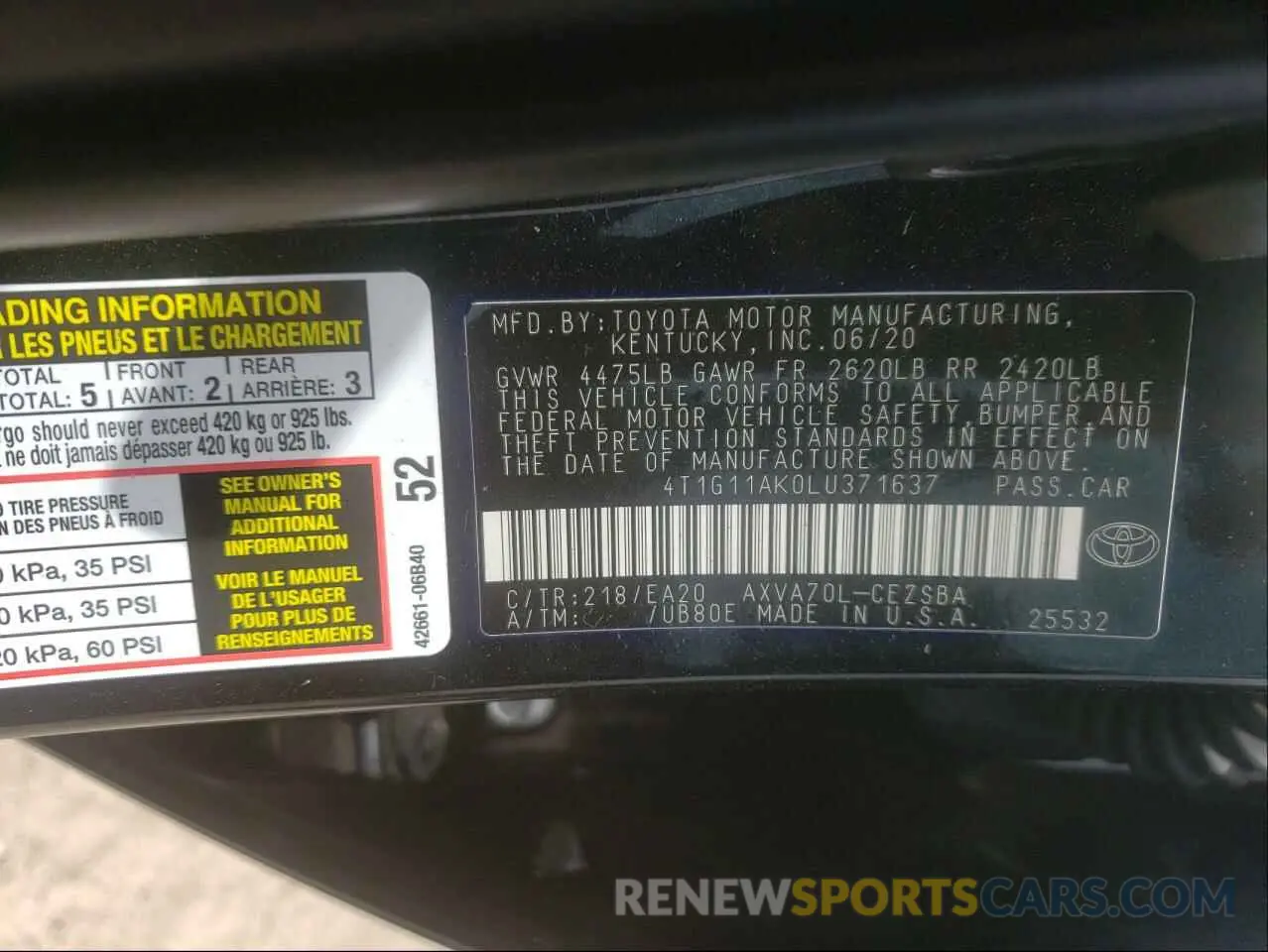 10 fotografías del automóvil dañado 4T1G11AK0LU371637 TOYOTA CAMRY 2020