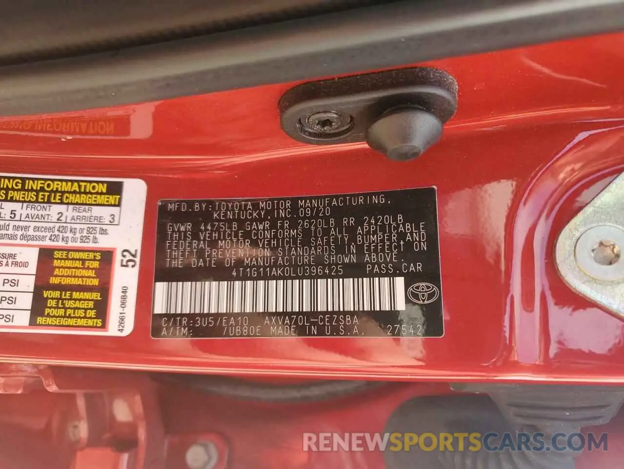 13 fotografías del automóvil dañado 4T1G11AK0LU396425 TOYOTA CAMRY 2020