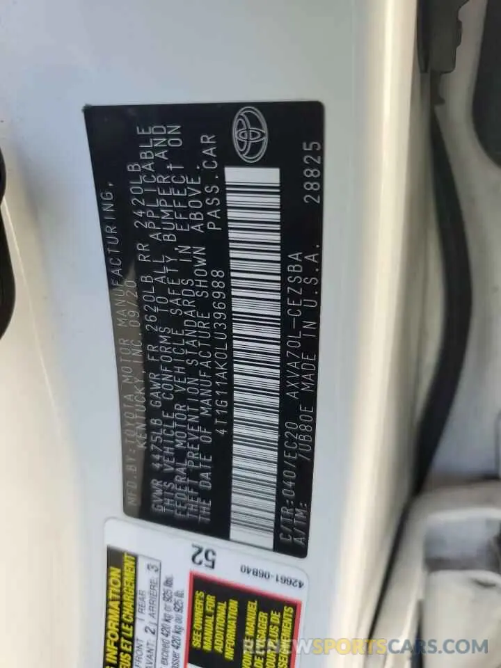 13 fotografías del automóvil dañado 4T1G11AK0LU396988 TOYOTA CAMRY 2020