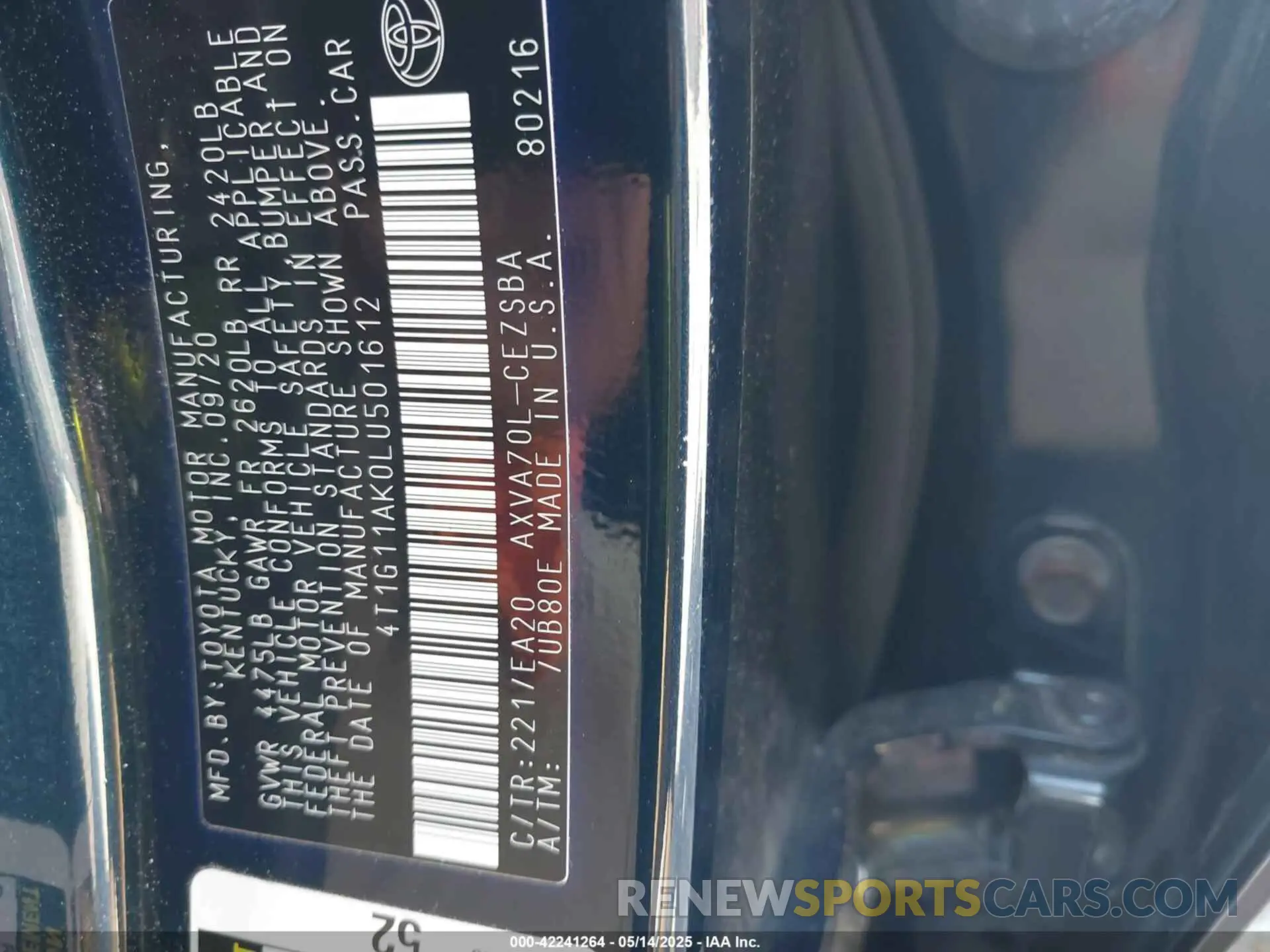 9 fotografías del automóvil dañado 4T1G11AK0LU501612 TOYOTA CAMRY 2020