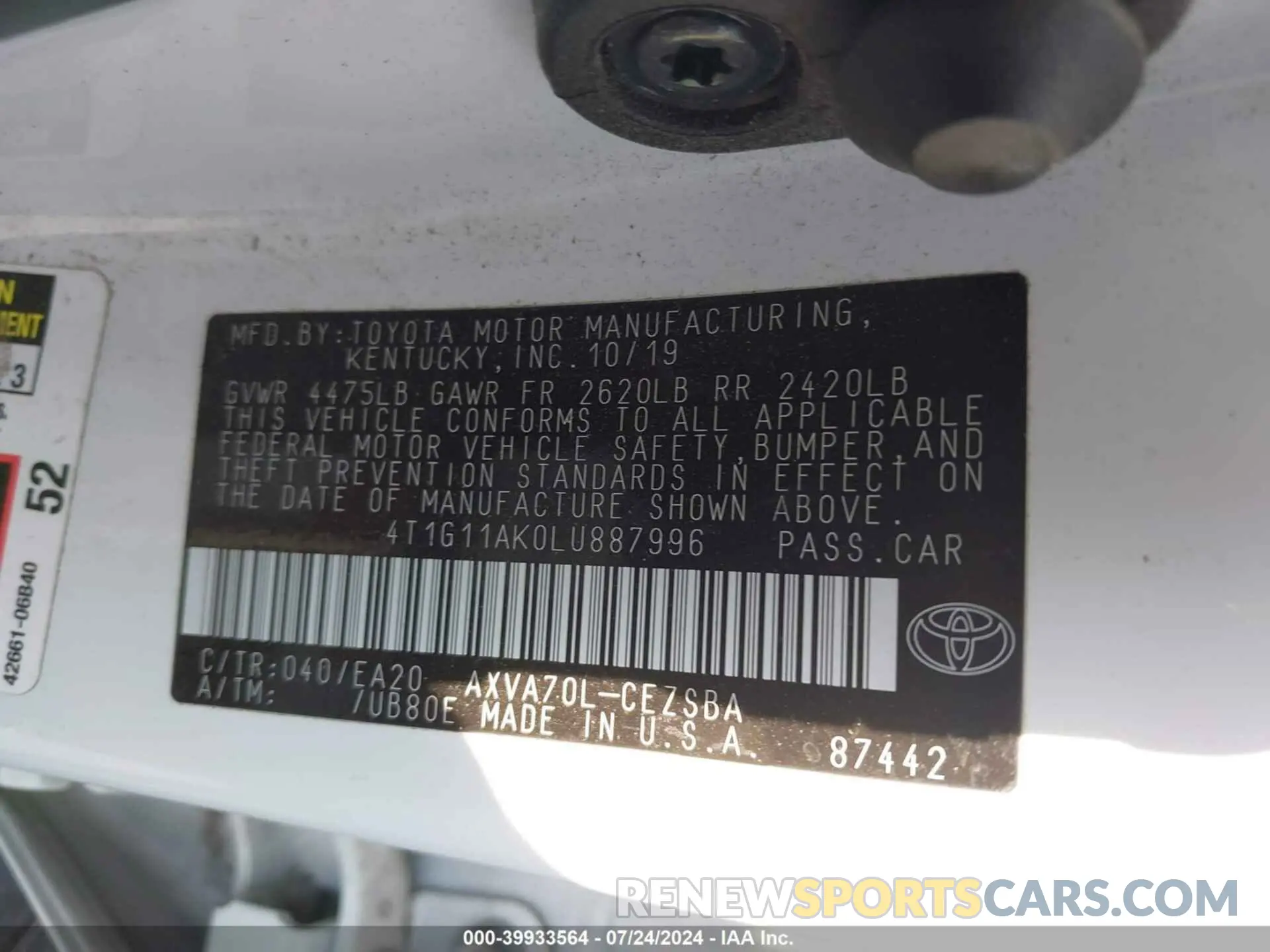 9 fotografías del automóvil dañado 4T1G11AK0LU887996 TOYOTA CAMRY 2020