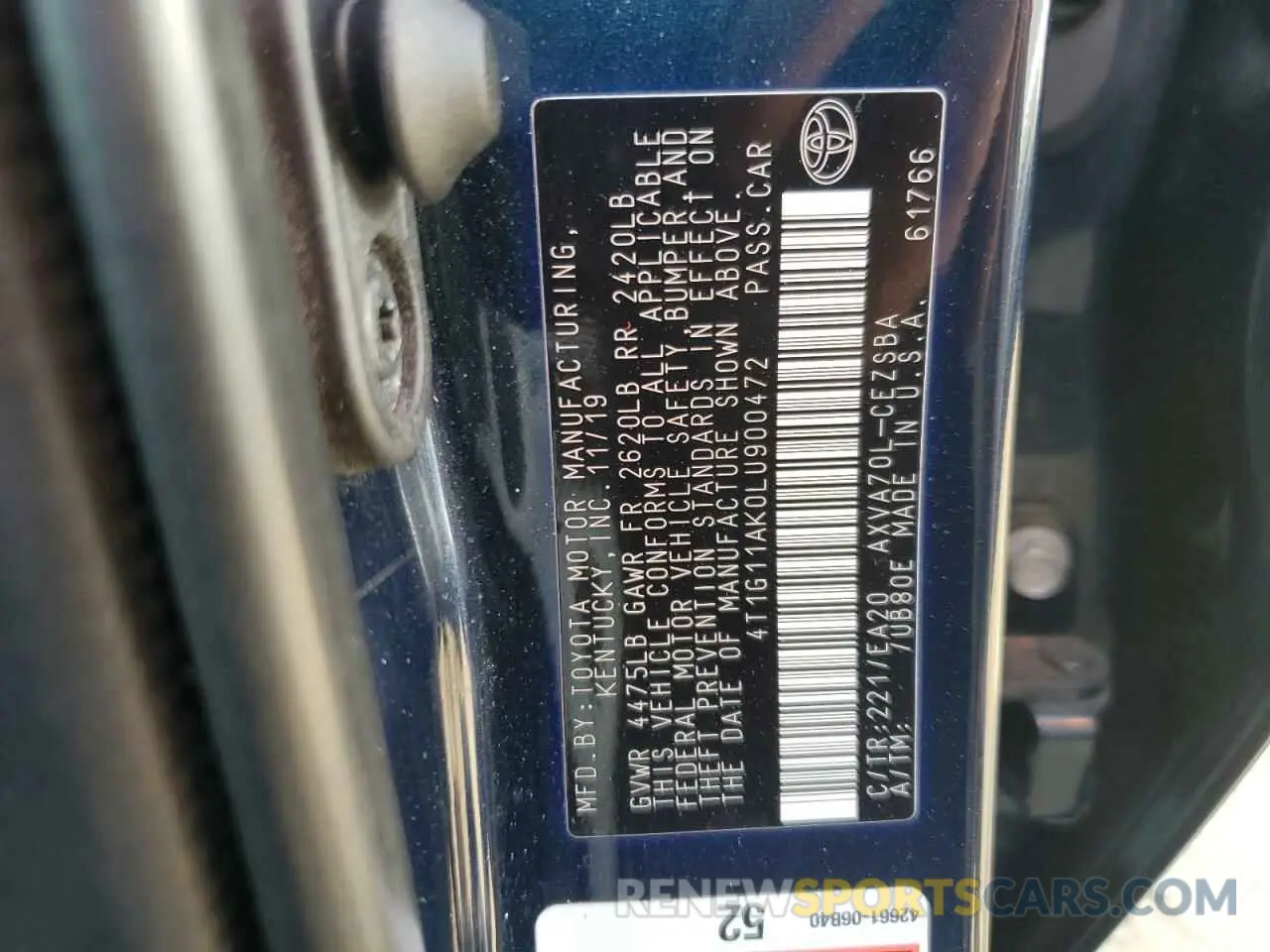 12 fotografías del automóvil dañado 4T1G11AK0LU900472 TOYOTA CAMRY 2020