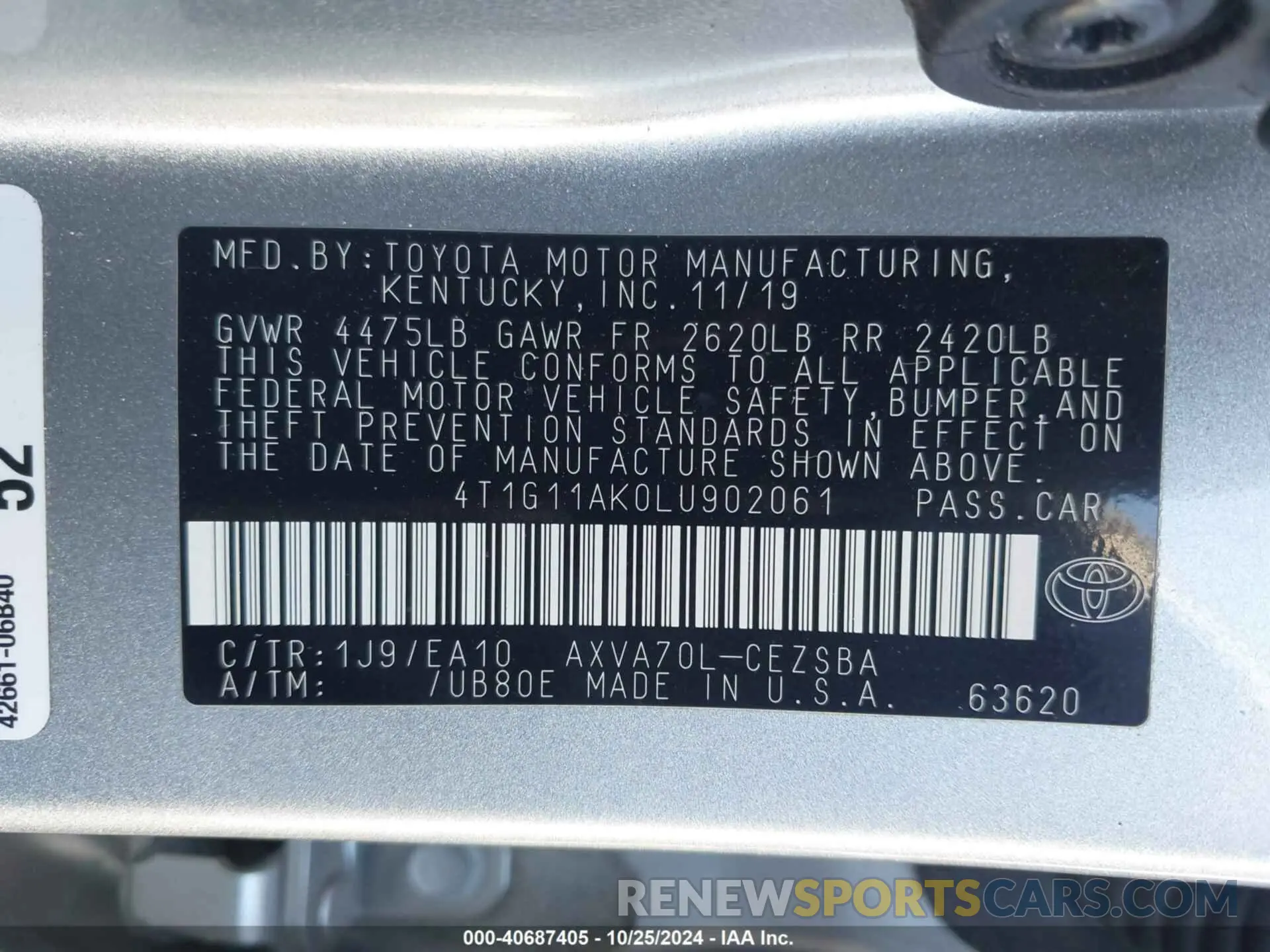 9 fotografías del automóvil dañado 4T1G11AK0LU902061 TOYOTA CAMRY 2020