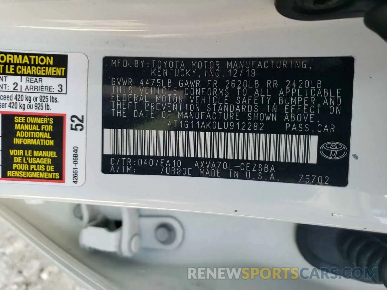 12 fotografías del automóvil dañado 4T1G11AK0LU912282 TOYOTA CAMRY 2020
