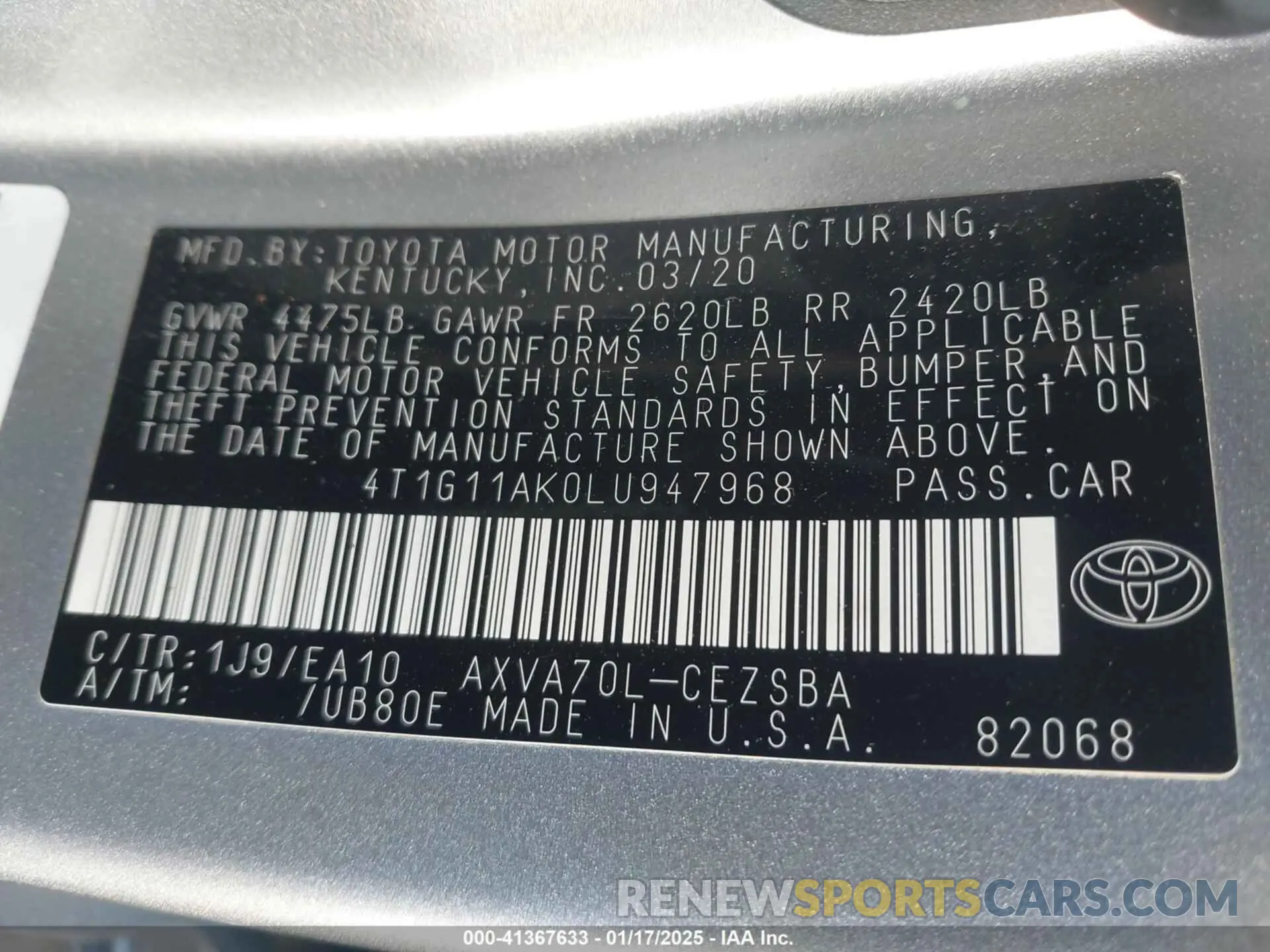9 fotografías del automóvil dañado 4T1G11AK0LU947968 TOYOTA CAMRY 2020